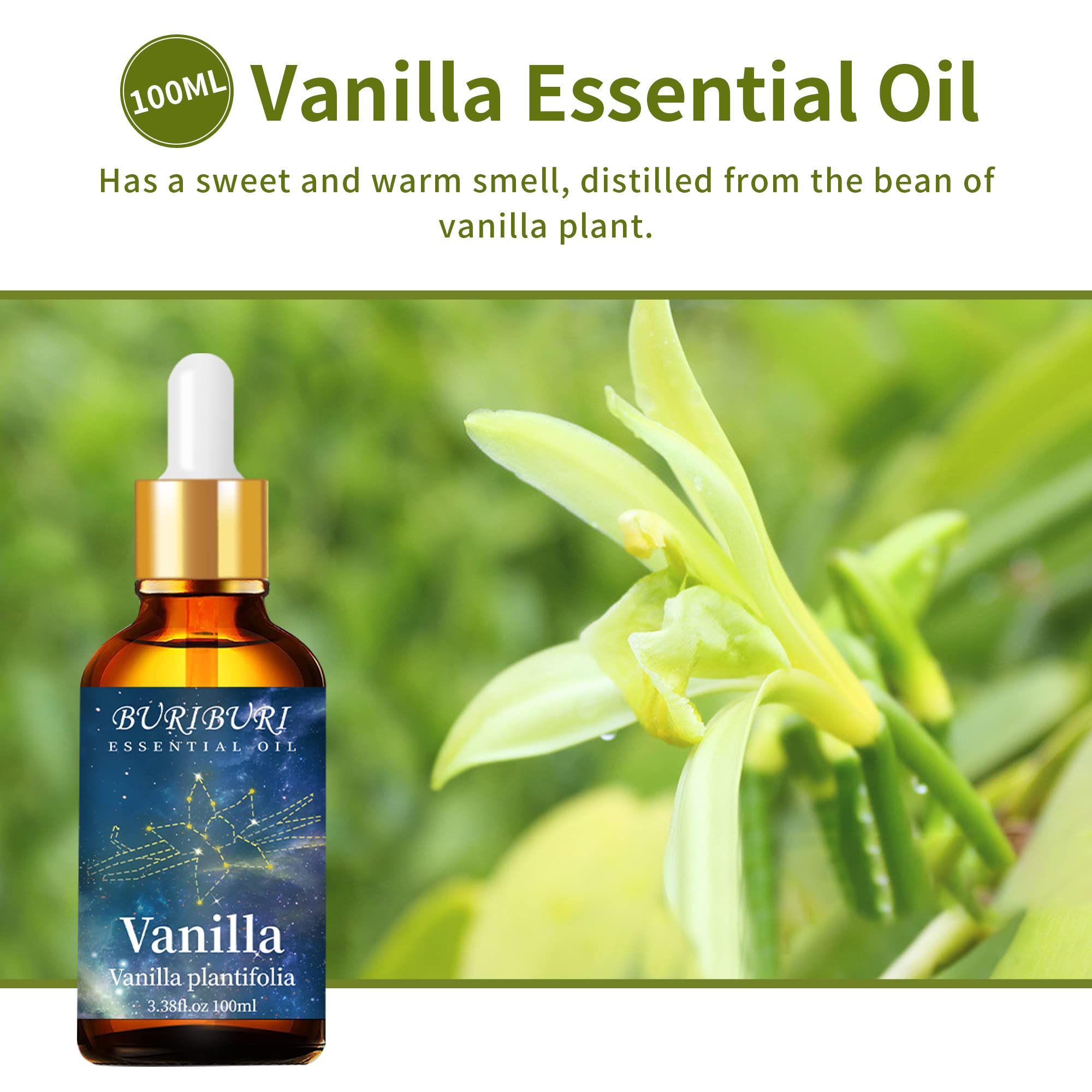 BURIBURI 100% Pure Vanilla Essential Oil 3.38 fl oz (100ml) - Undiluted Aromatherapy Oil for Diffuser, Massage, Candle Making, Soap & Humidifier | Relaxing Scent for Home Spa, Yoga & Stress Relief
