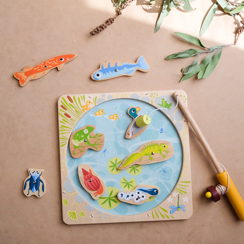 Tender Leaf Pond Dipping Fishing Game - Wooden Montessori Toy for Kids Ages 3+ - Fun Outdoor & Indoor Educational Activity for Toddlers