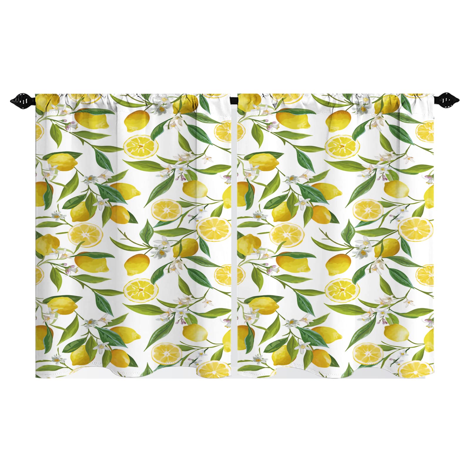 Orange Kitchen Curtains Set of 2 - Abstract Fruit Leaf Design Summer Theme Rod Pocket Cafe Curtains 27.5x39 Inches Yellow Green - Perfect for Kitchen Windows, Bathroom & Small Cafe Decor