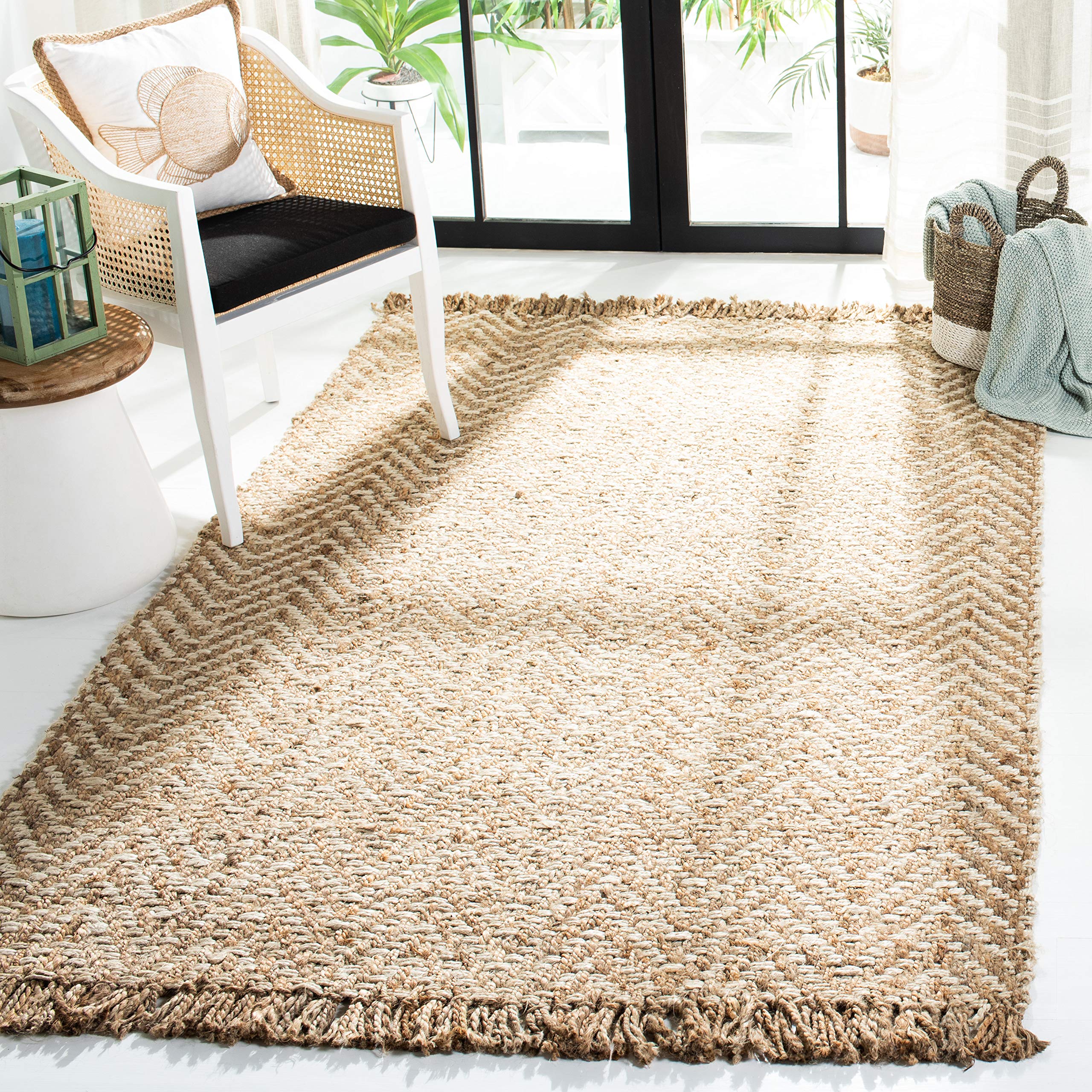 SAFAVIEH Handmade Jute Area Rug 5' x 8' - Natural & Bleach Chevron Design with Fringe | Eco-Friendly Natural Fiber Collection (NF458A) | Perfect for Living Room, Bedroom & High Traffic Areas