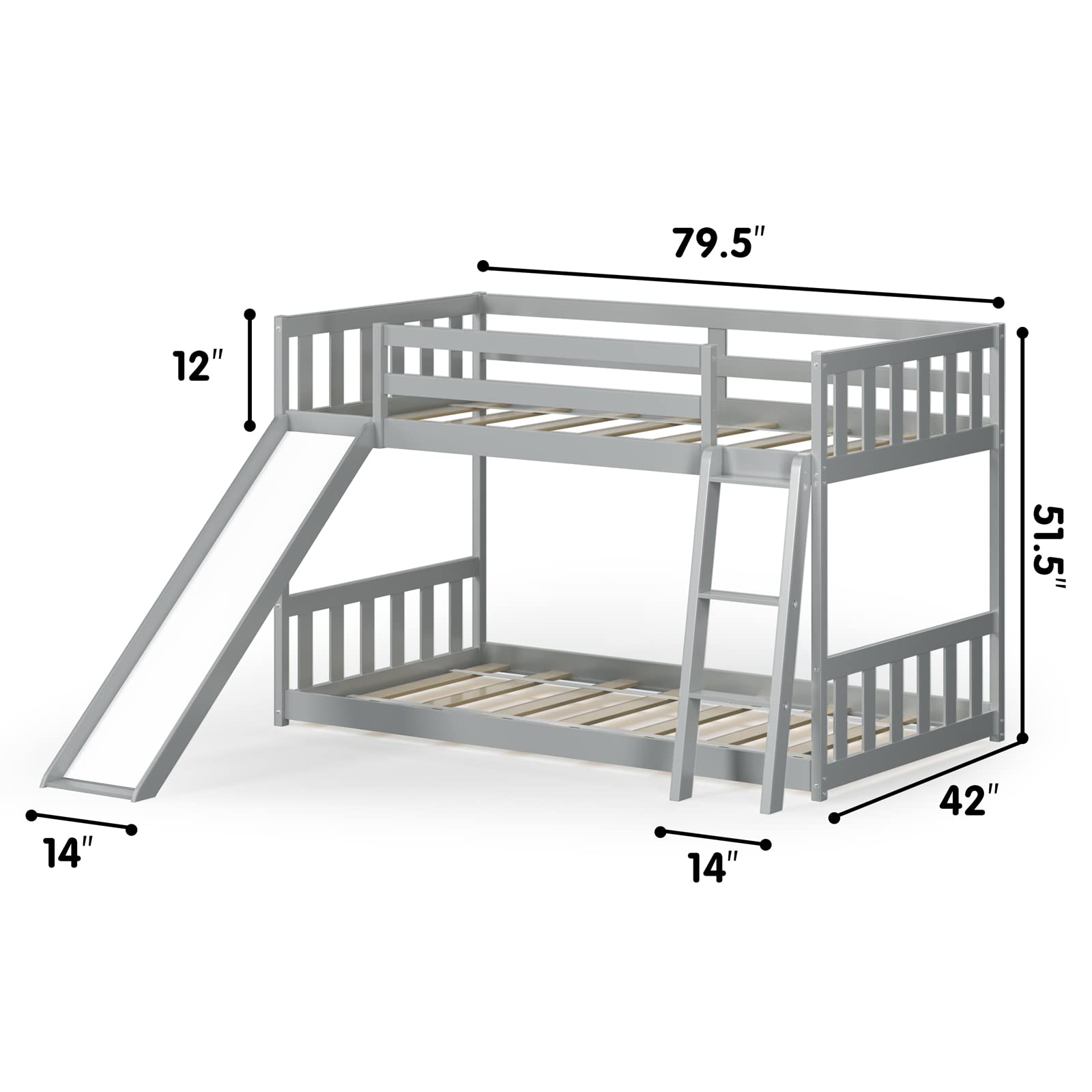 KOMFOTT Twin Over Twin Wood Bunk Bed with Convertible Slide, Inclined Ladder & Safety Guardrails - Space Saving Bed Frame for Teens, Students - Perfect for Small Bedrooms, Dorm Rooms & Kids' Rooms (Gray)