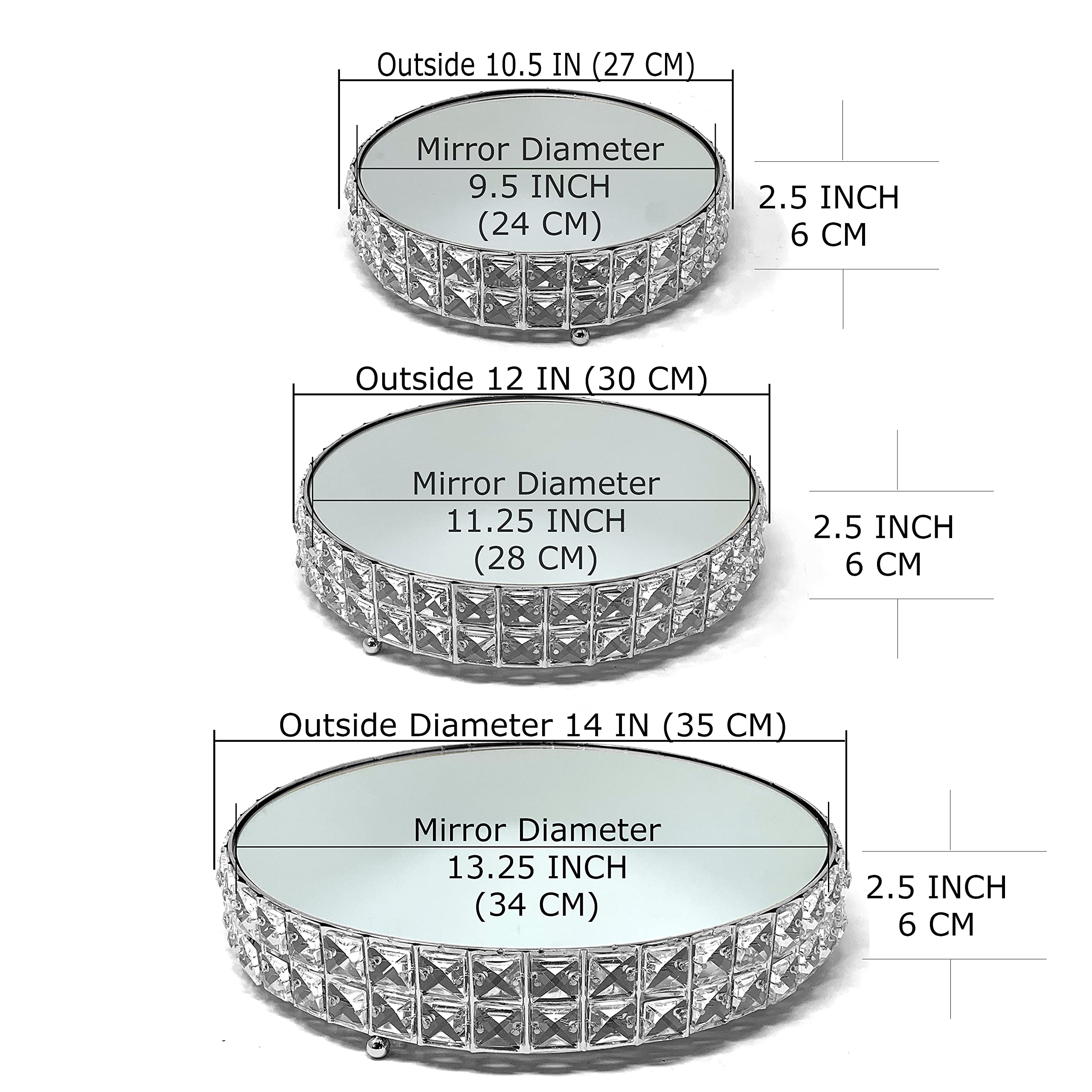 Allgala 3-Piece Wedding Cake Stand Set - Gold Plated Crystal Dessert Stand with Mirror Plate for Cupcakes, Cheese & Cakes - Elegant Silver Round Base (HD89204) - Perfect for Weddings, Birthday Parties & Special Events