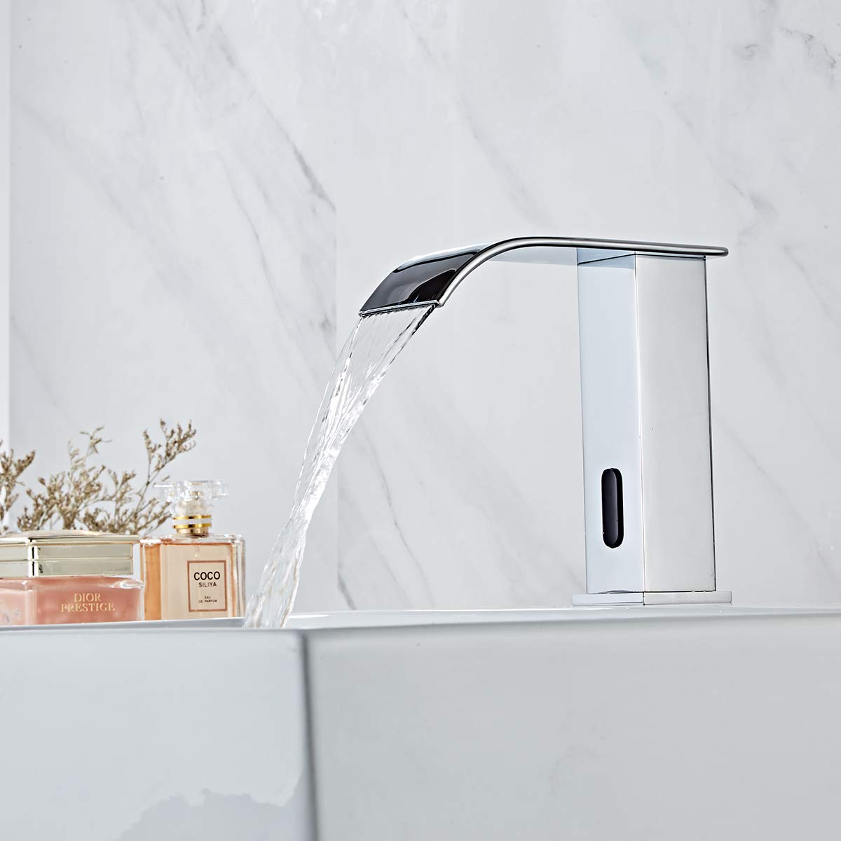 Automatic Touchless Bathroom Faucet Sensor - Hands-Free Waterfall Chrome Sink Faucet with Motion Activation | Dual Powered (Battery/USB) | Perfect for Modern Homes, Public Restrooms & Water Conservation | ADA Compliant Design