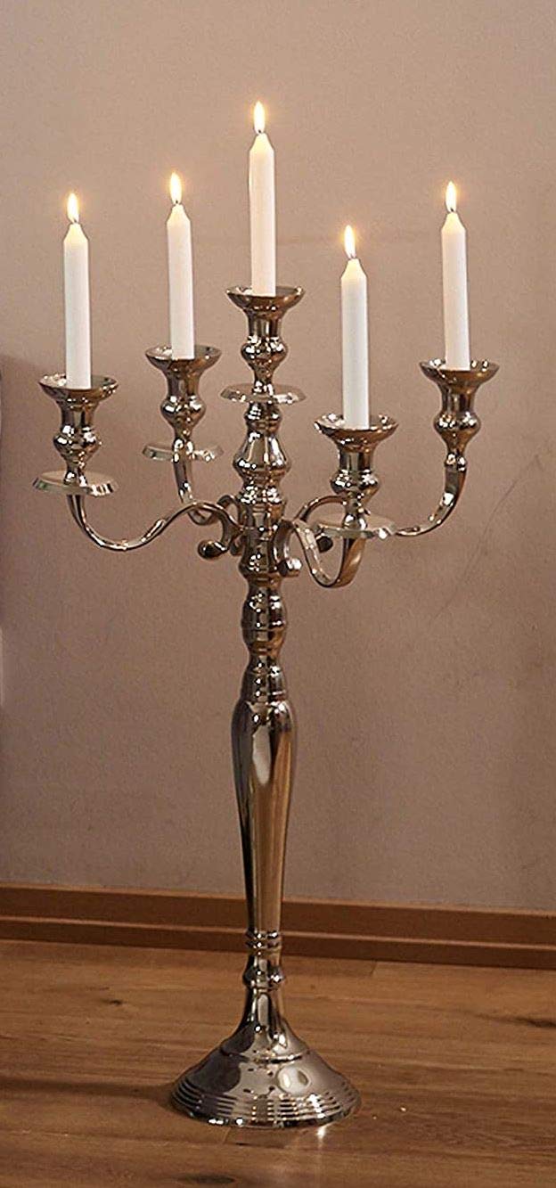 Handcrafted Silver Plated 5-Candle Candelabra with 4 Elegant Arms - 25 Inch Tall - Perfect for Wedding Centerpieces, Dining Table Decor & Romantic Ambiance