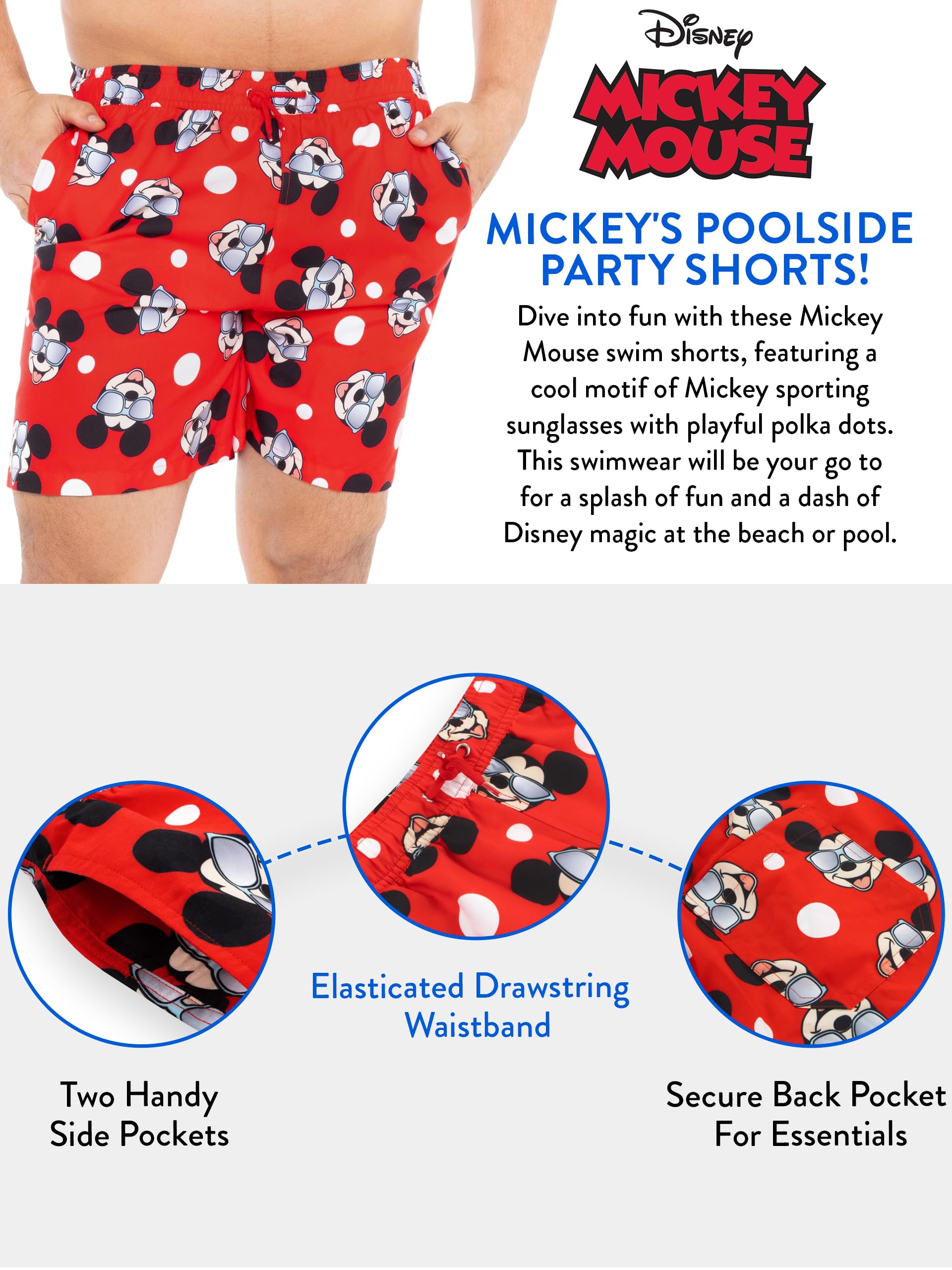 Disney Mickey Mouse Men's Swim Trunks with Pockets - Quick Dry Beach Shorts for Swimming, Surfing & Summer Vacation | Novelty Swimwear for Pool Party, Water Park & Tropical Getaway
