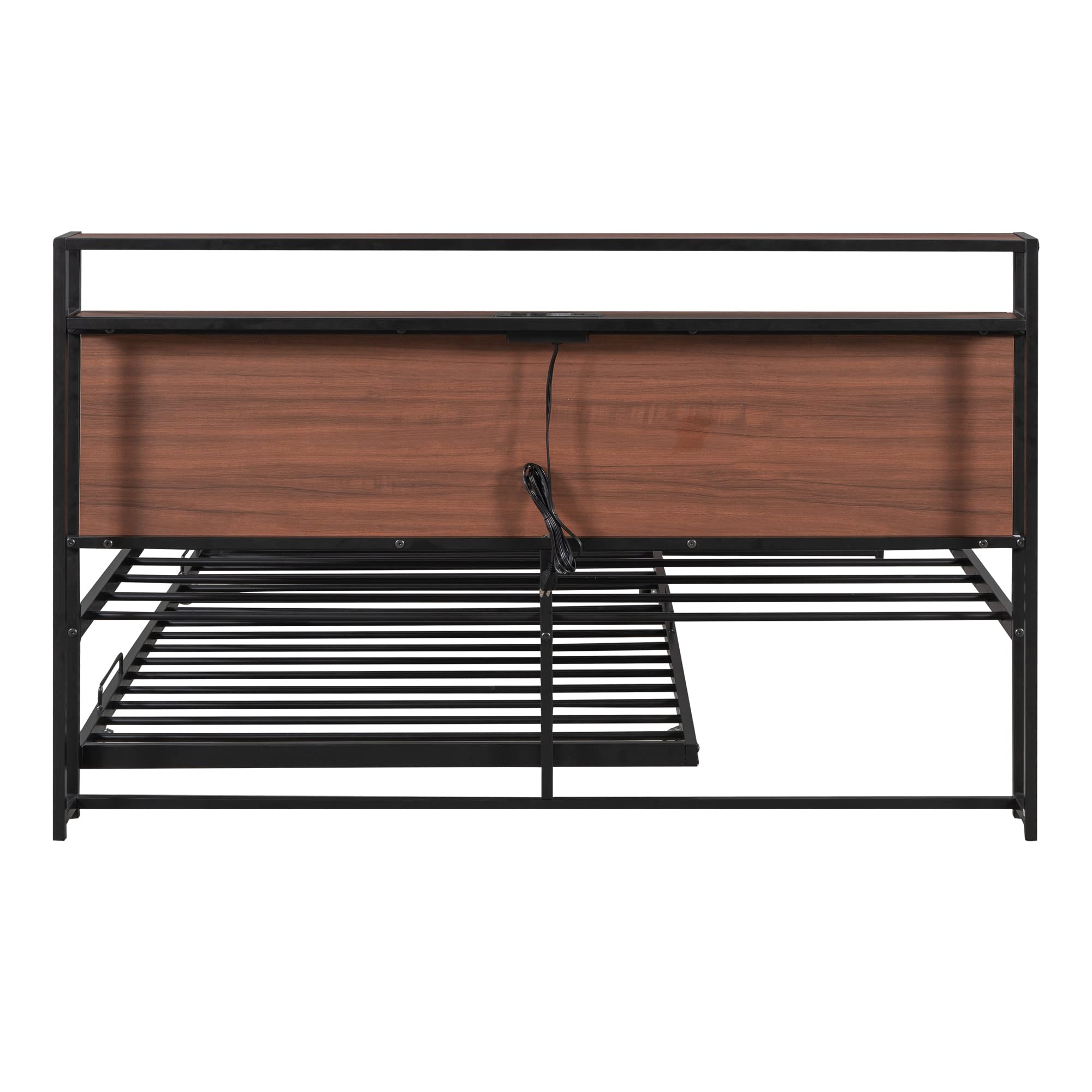 SOFTSEA Queen Size Metal Platform Bed Frame with Trundle & USB Ports - Storage Headboard with Shelf - Black Modern Bed for Bedroom & Guest Room - Perfect for Small Spaces & Overnight Guests