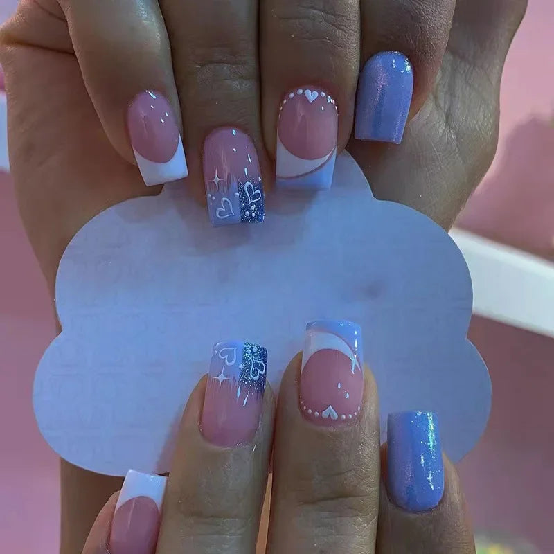 24Pc Square French Fake Nails with Heart Love Designs - Glossy White & Pink Press on Nails | Full Cover False Nails for Valentine's Day | Perfect for Parties, Weddings & Special Occasions