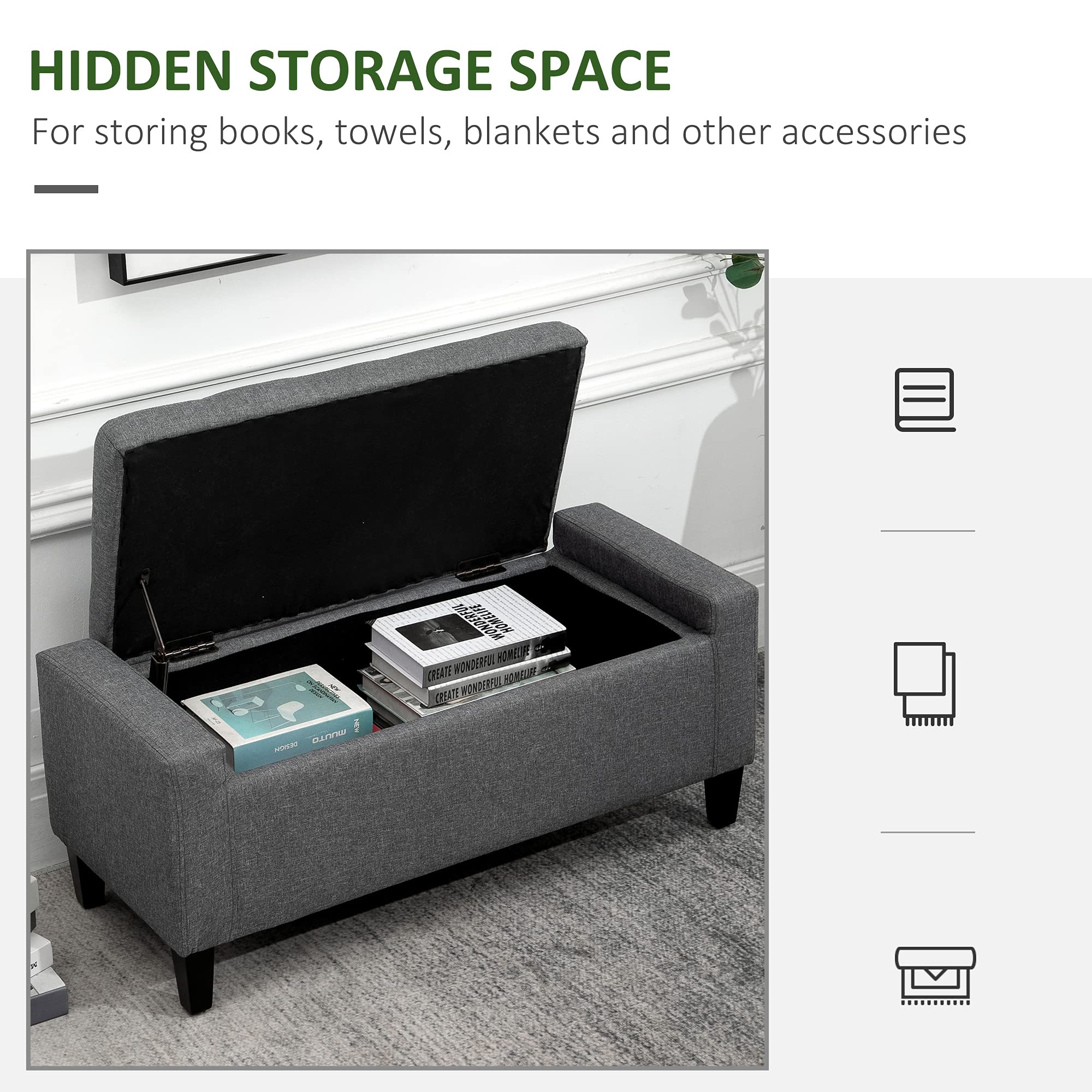 HOMCOM Gray Linen Upholstered Storage Ottoman Bench with Lift Top & Button Tufted Design - Perfect for Living Room, Bedroom & Entryway Organization