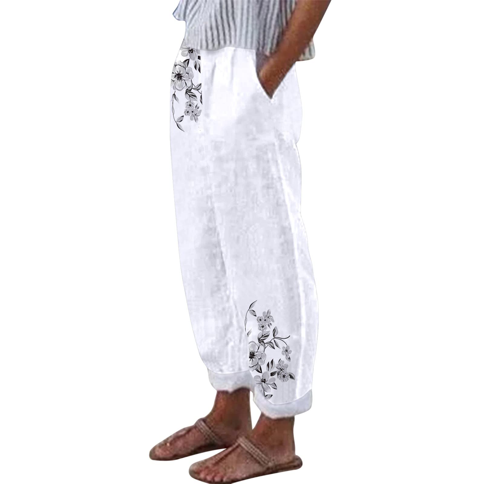 **Women's Plus Size Linen Pants - Floral Print, Pockets, Long & Loose Casual Cargo Pants - Breathable Cotton for Summer, Travel & Relaxation**