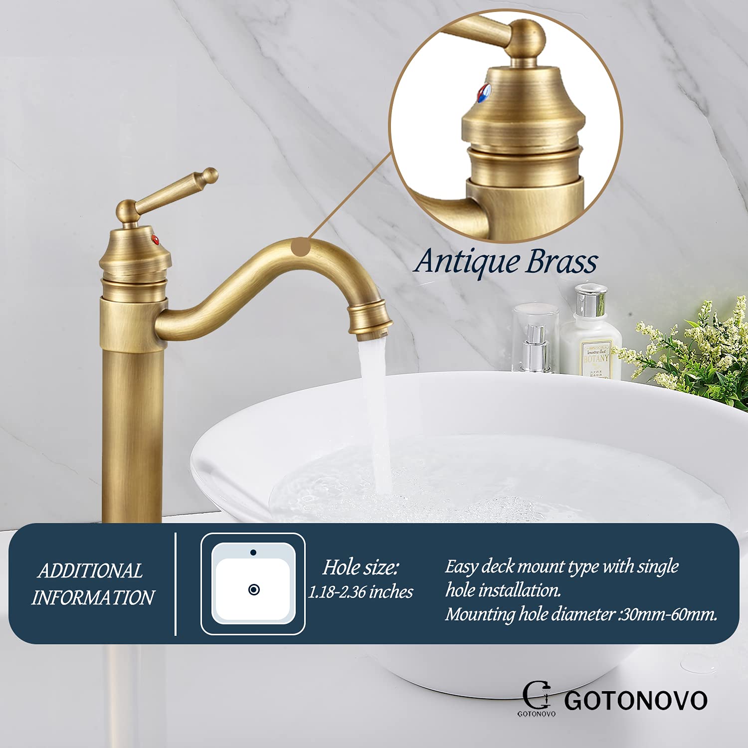 Gotonovo Antique Brass Shower Faucet Set - 8 Inch Rainfall Shower Head with Matching Single Handle Bathroom Sink Faucet - Deck Mount Single Hole Vessel Sink Faucet - Perfect for Vintage Style Bathroom Renovations and Modern Home Upgrades