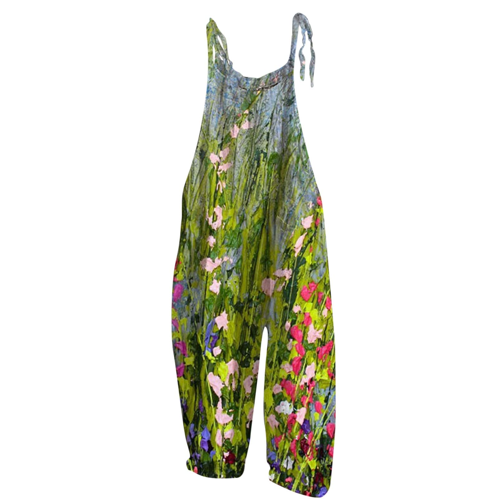 Women's Floral Cotton Jumpsuit - Sleeveless Spaghetti Strap Romper with Tie Detail for Casual Wear | Summer Outfits, Beach Cover-Up, Date Night Fashion