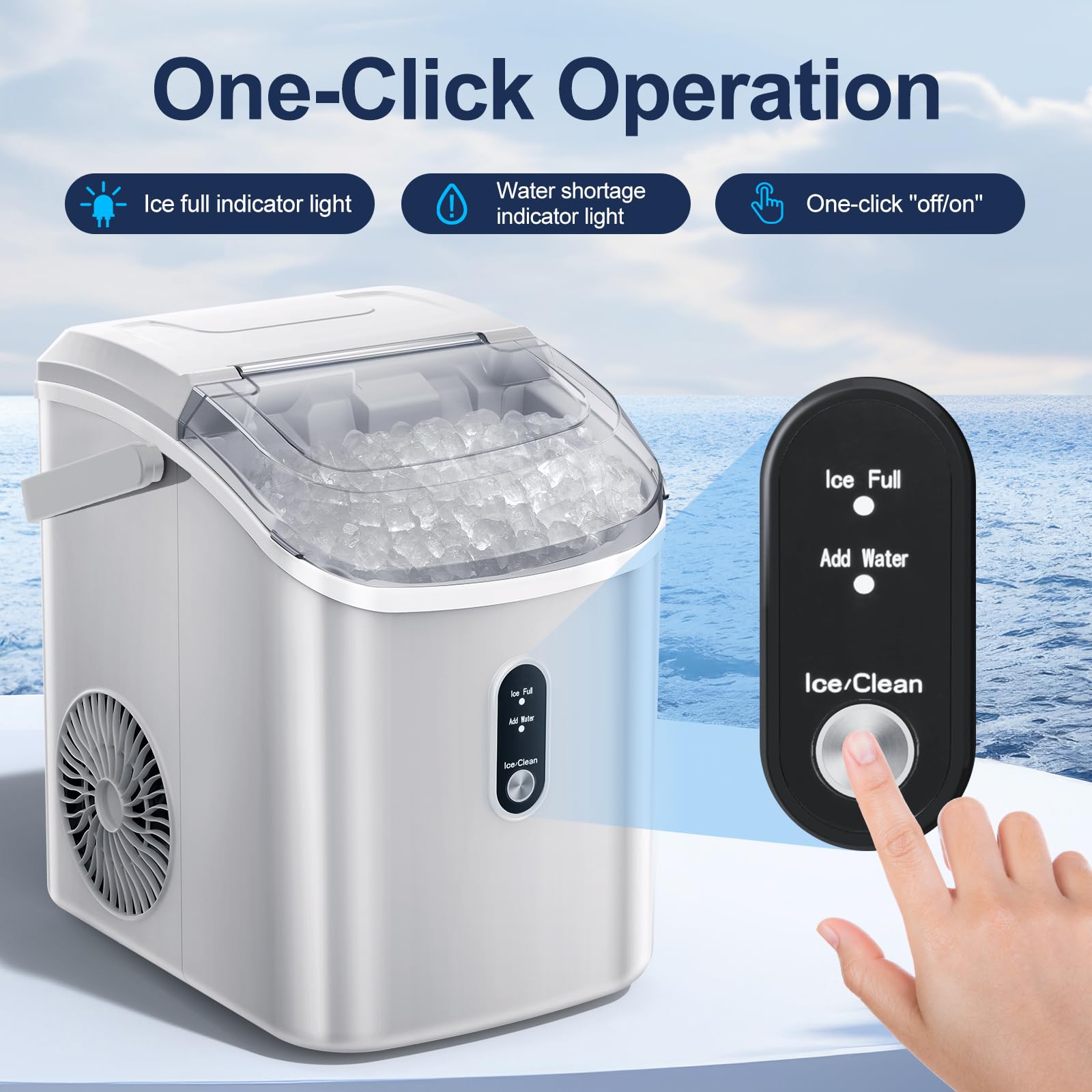 ZAFRO Portable Countertop Ice Maker with Handle - 35.5Lbs/24H Fast Ice Production, Self-Cleaning Nugget Ice Machine with Ice Basket & Scoop - Perfect for Home, Office, Parties & Outdoor Use - White
