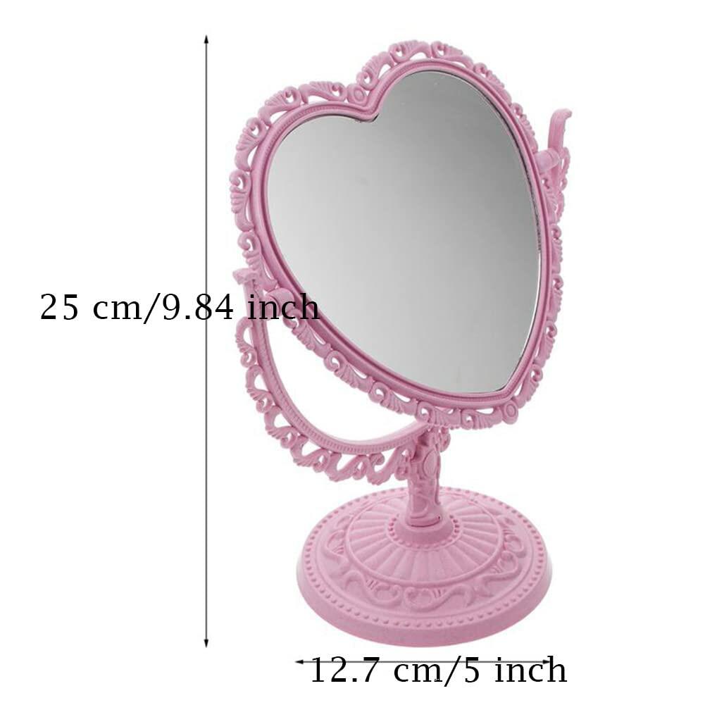 1 Pack Heart Shaped Cosmetic Mirror - Double Sided Pink Plastic Makeup Mirror with Stand, Portable Travel Vanity Mirror for Home, Bathroom, Dorm & Purse (Cute Gift for Women & Girls)