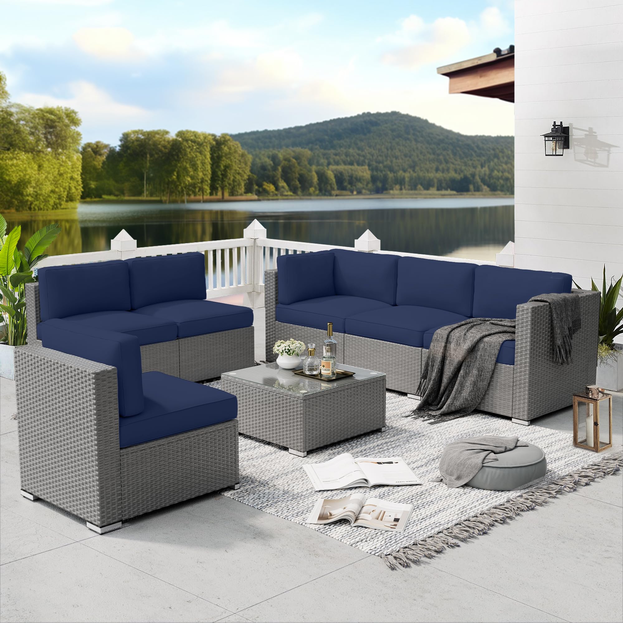 7-Piece Outdoor Patio Furniture Set - Grey Wicker Sectional Sofa with Coffee Table & Dark Blue Cushions | Weather-Resistant Conversation Set for Backyard, Poolside & Garden | Perfect for Entertaining & Relaxing