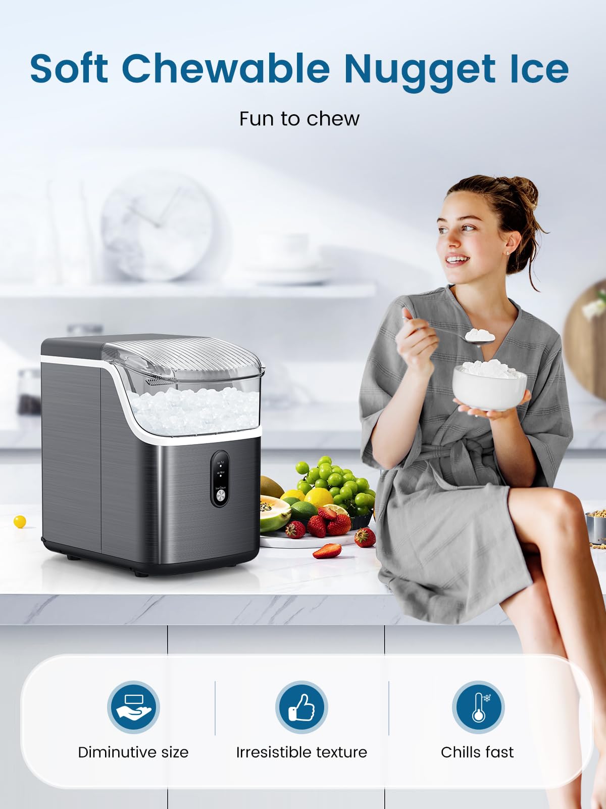 COWSAR Countertop Nugget Ice Maker - 34Lbs/Day Portable Pebble Ice Machine with Self-Cleaning & One-Button Operation for Home, Kitchen, Party - Perfect for Cocktails, Sodas, and Beverage Stations