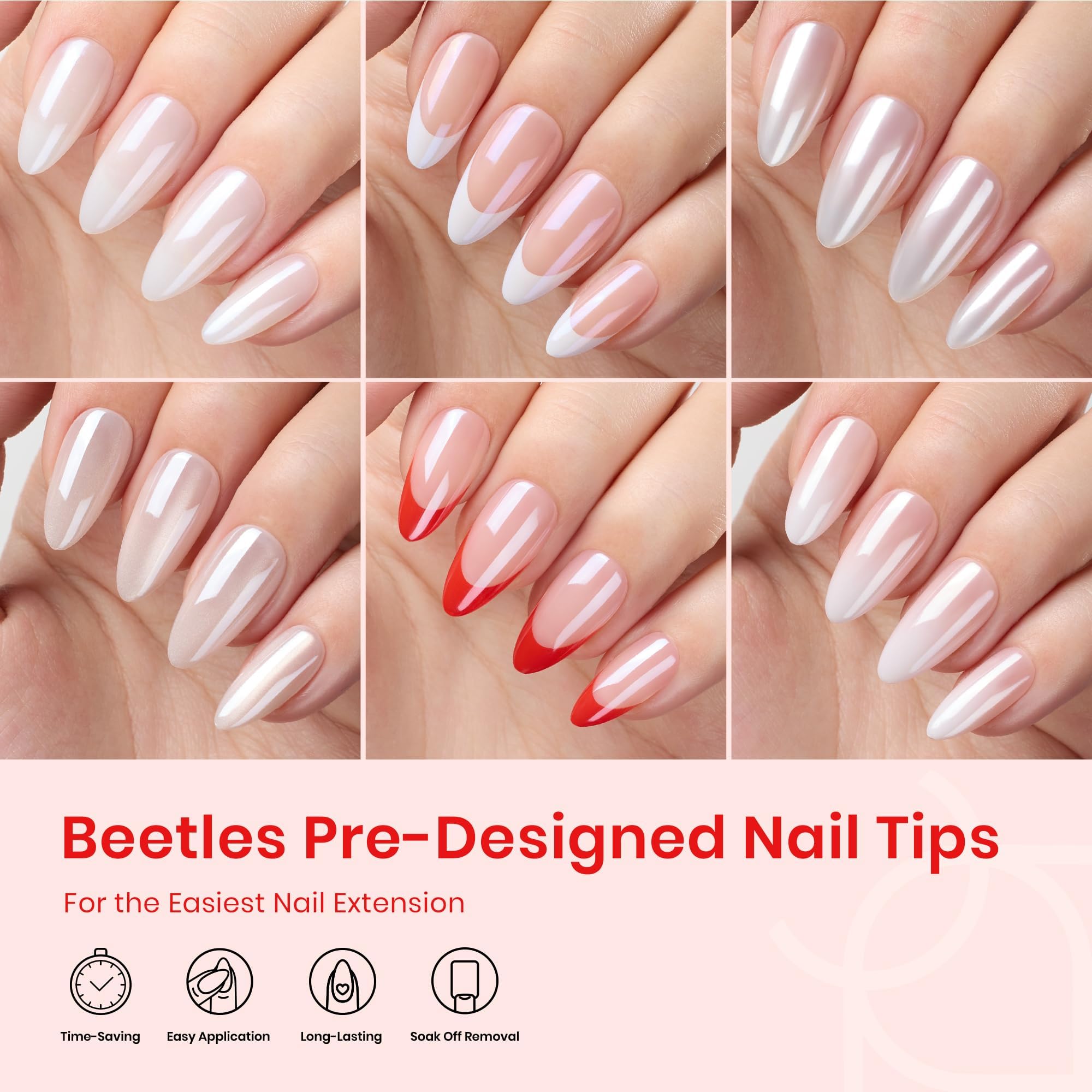 Beetles Red Press On Nails Almond Shape - 15 Sizes & 7 Styles Glazed Red Fake Nails with French Tips - Medium Almond Nail Extensions with Pre-Applied Primer - Perfect for Parties, Weddings, and Daily Wear