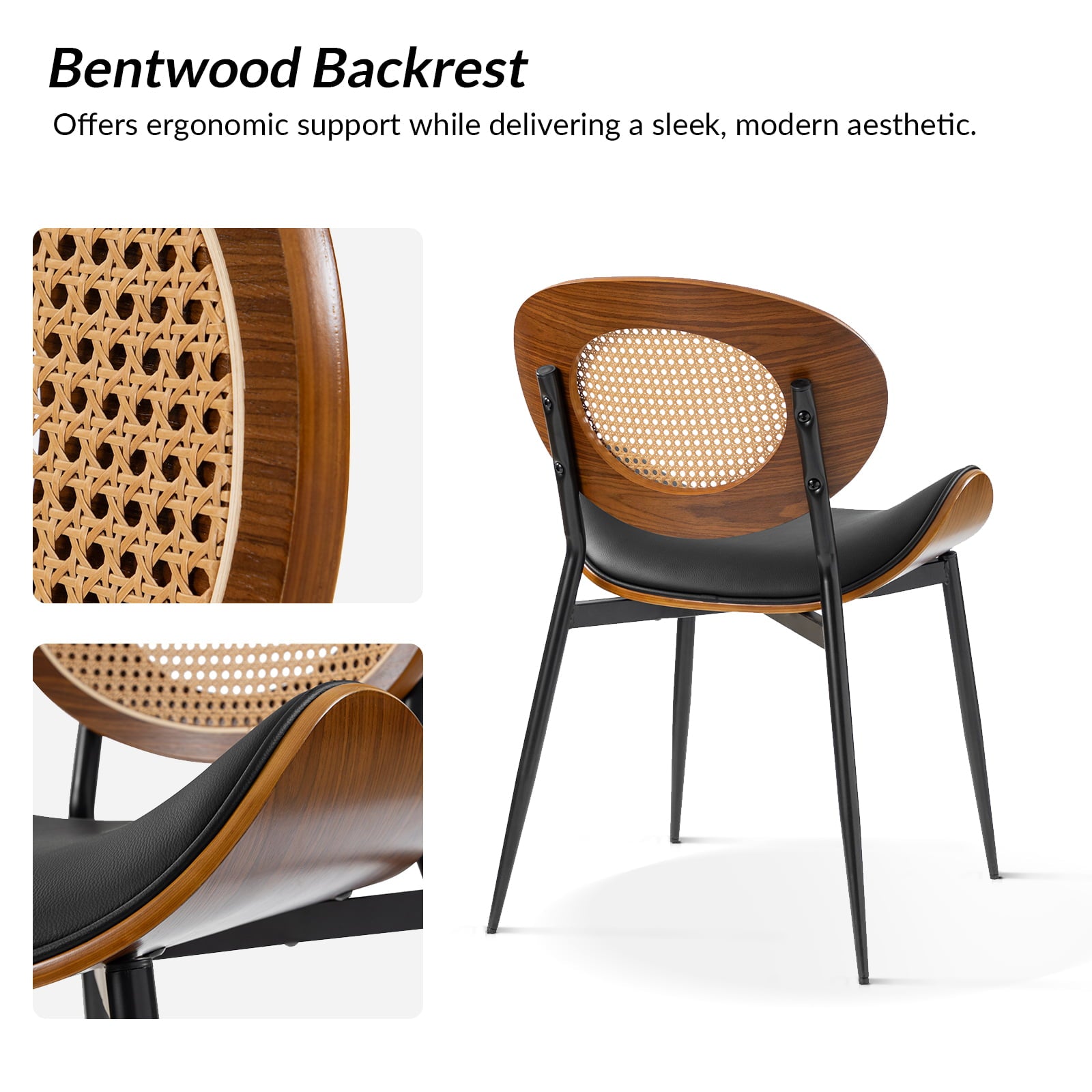 Flora Curved Wood Backrest Faux Leather Upholstered Dining Chair Cushion - Ergonomic Support for Kitchen, Restaurant & Office - Comfortable Seat Pad with Wooden Frame (Multiple Styles Available)