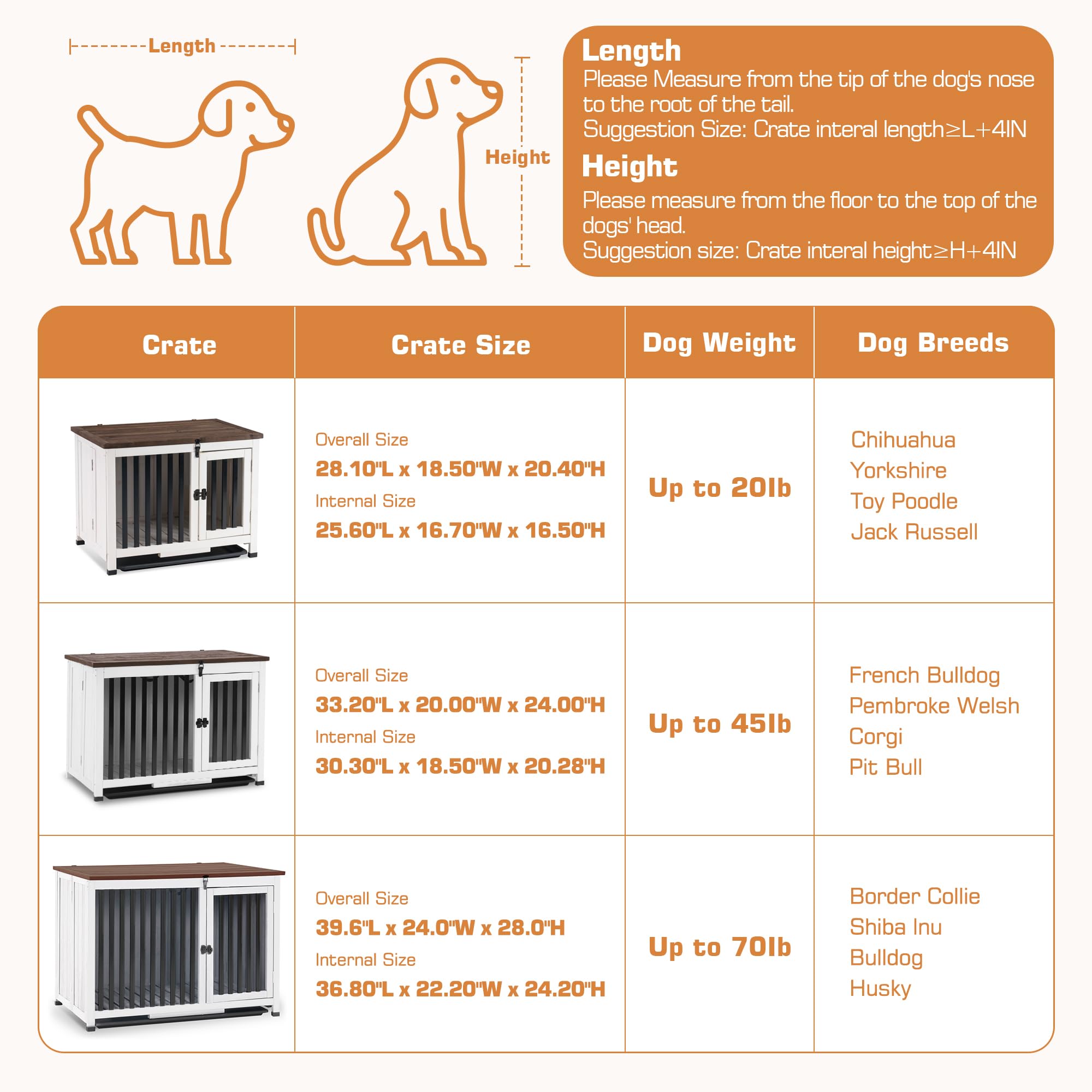 MCombo Solid Wood Dog Crate Furniture - Foldable Portable Indoor Dog Kennel End Table with Removable Tray (Large, White & Brown) - Perfect for Living Room, Bedroom & Pet-Friendly Home Decor