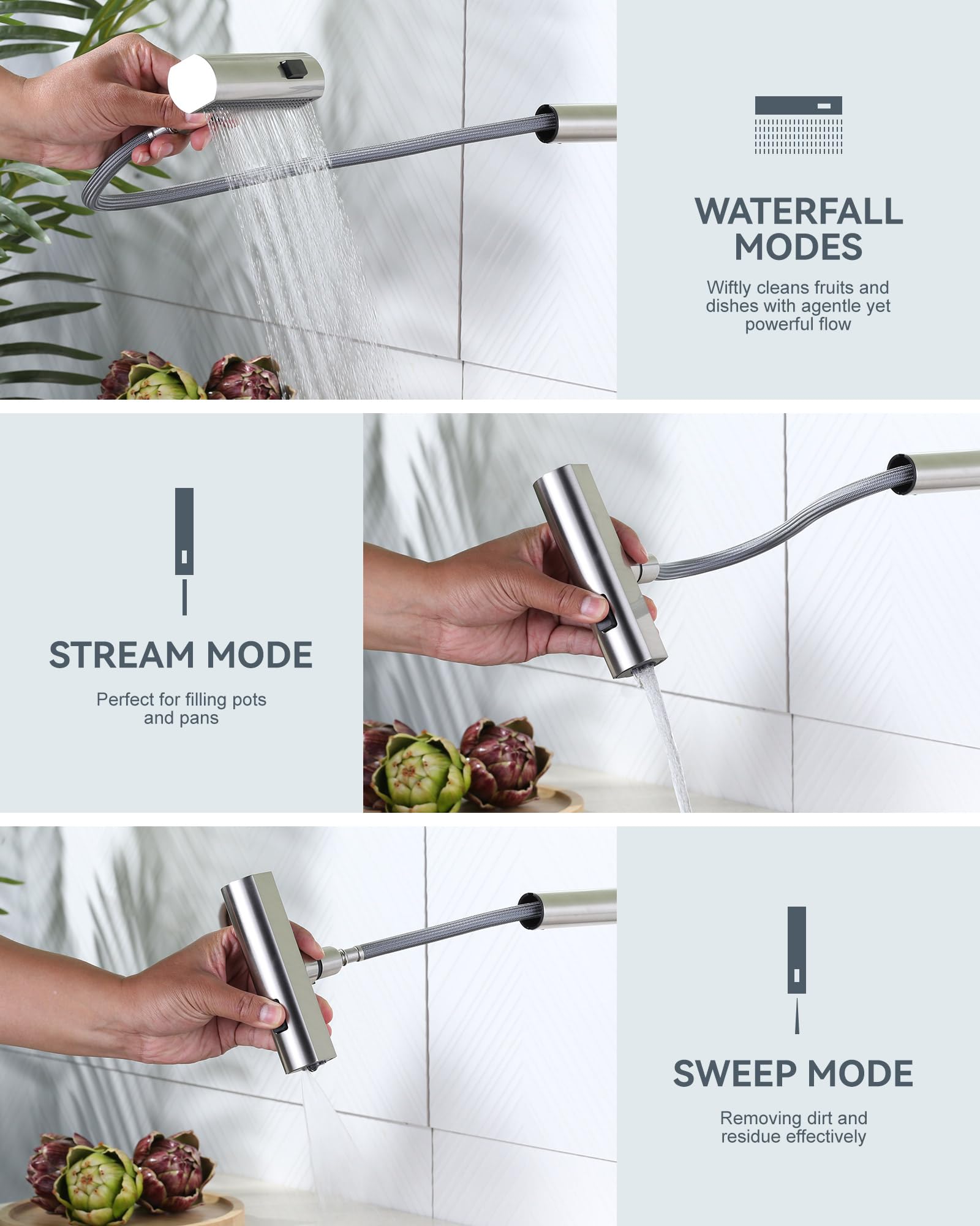 IVIGA Brushed Nickel Pull Down Kitchen Faucet with 3 Spray Modes (Waterfall/Stream/Sweep) - Splash Proof Swivel Waterfall Sink Faucet for Washing Vegetables, Fruits & Dishes - Perfect for Modern Kitchens & Food Prep Stations