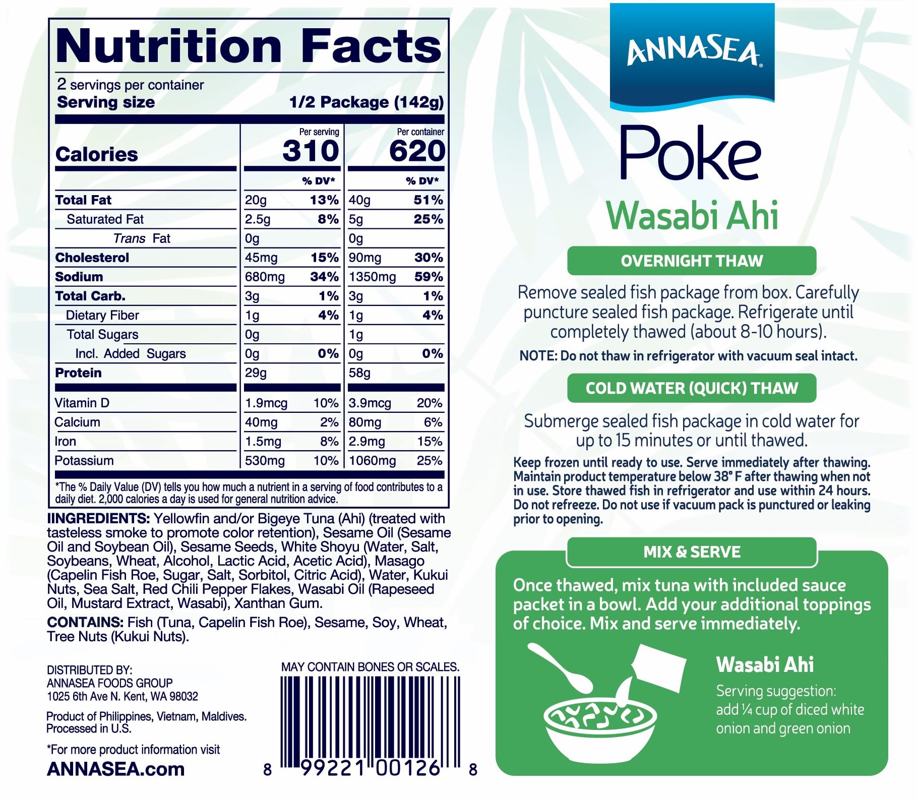**Annasea Frozen Poke Kit (Wasabi Ahi) - 4 Pack, Sustainably Pole-Caught Tuna, Ready-to-Eat Hawaiian Poke Bowl for Quick Meals & Healthy Lunches**