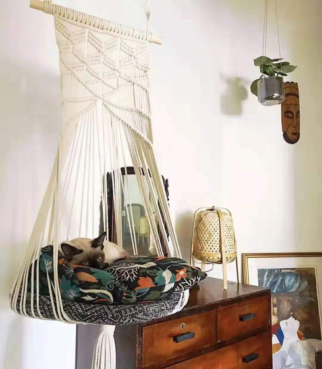Petlex Macrame Hanging Shelf Cat Hammock Bed - Indoor Cat Swing with Mat, Swinging Cat Chair 15.7