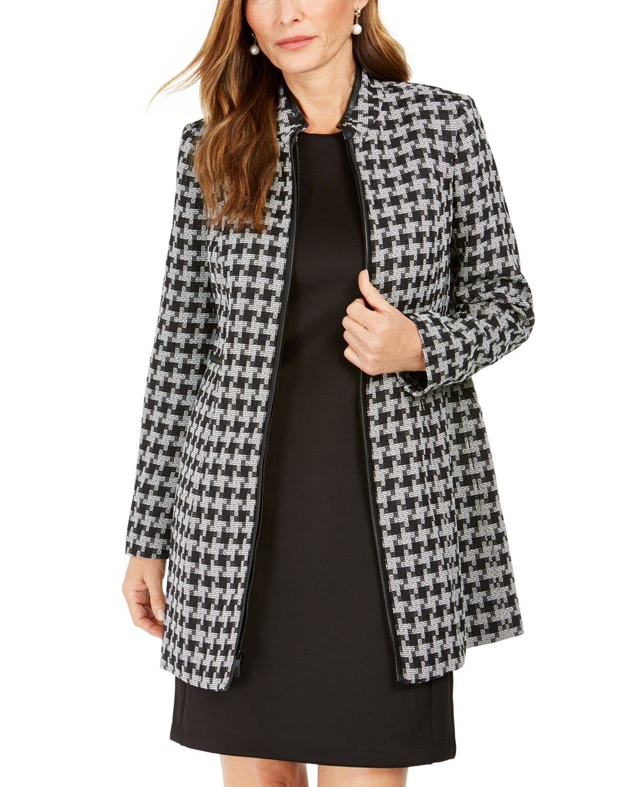 Kasper Women's Stand Collar Graphic Houndstooth Jacket | Stylish Winter Coat for Work, Office & Casual Outfits