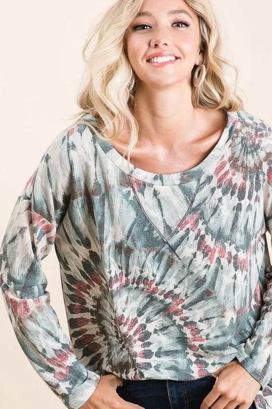 BiBi Tie Dye Terry Top with Contrast Stitching - Stylish Women's Casual Shirt for Summer Outfits, Beach Wear, and Festival Fashion