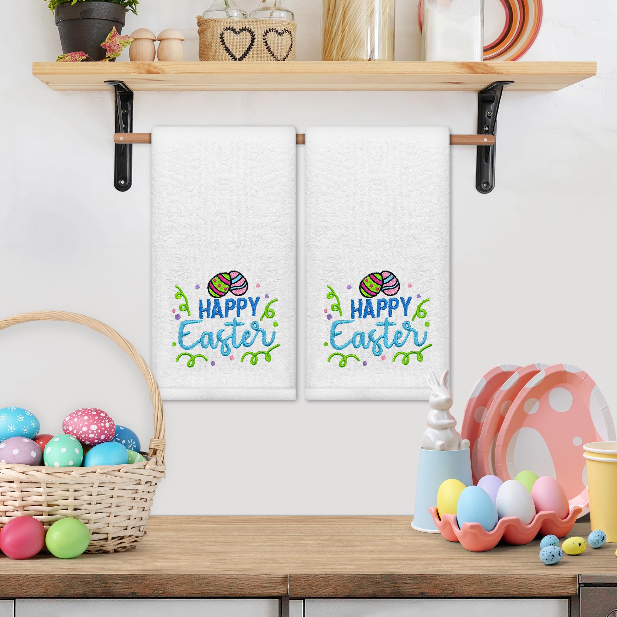 Hexagram Easter Hand Towels Set of 2 - Embroidered Eggs Pattern Luxury Bath & Kitchen Towels 14x30 Inches - Soft Easter Decor for Bathroom, Guest Washroom & Holiday Home Styling
