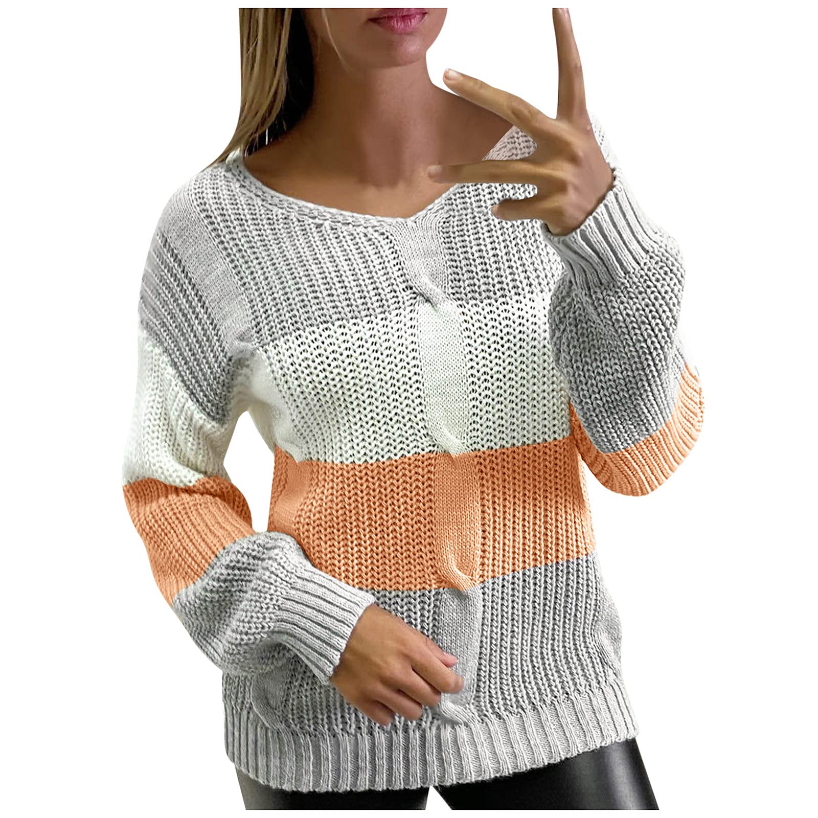 Women's Color Block Knit Sweater - Crew Neck Long Sleeve Casual Pullover Jumper Top for Fall & Winter | Cozy Office Wear, Date Night Outfit, Weekend Casual Style