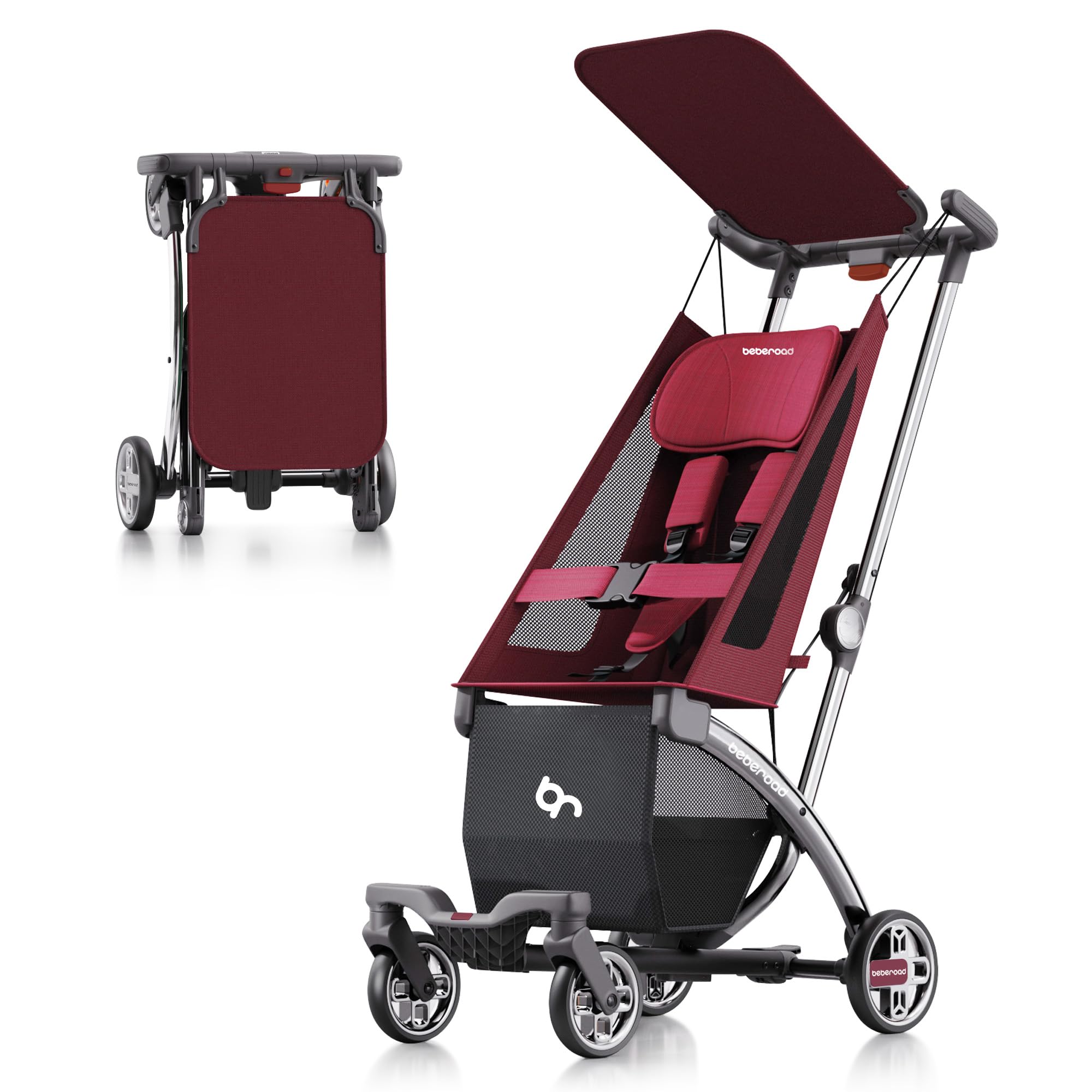Beberoad Love R1 Auto-Folding Ultra Lightweight Travel Stroller for Airplane - Compact Baby Stroller for Infants & Toddlers (6-36 Months) - Only 11.5 lbs - Converts to Double Stroller - Red - Perfect for Air Travel, Shopping & Daily Outings