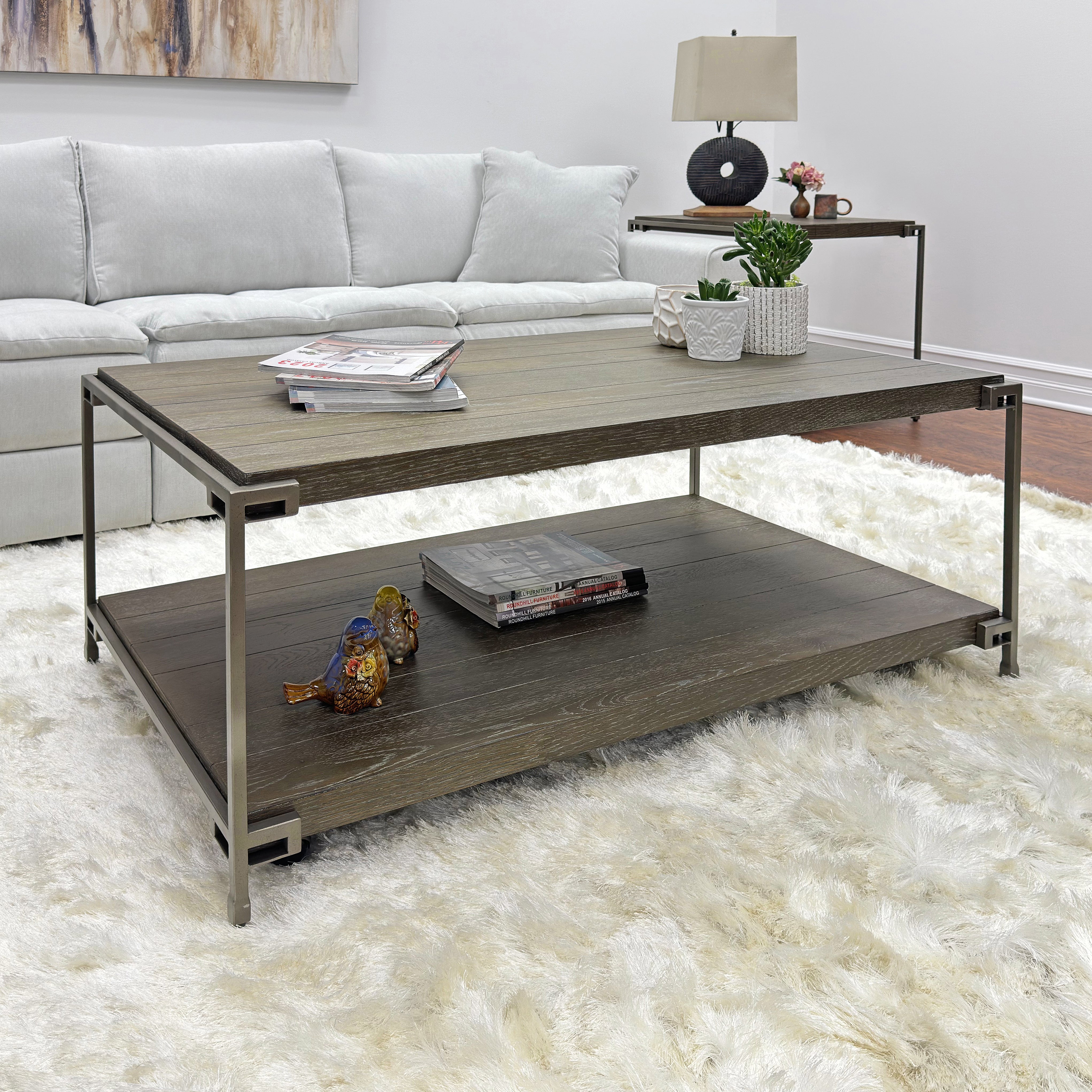 Roundhill Furniture Corbeta Metal Frame Wood Coffee Table with Casters - Modern Living Room Center Table for Home Decor, Office, and Lounge Spaces