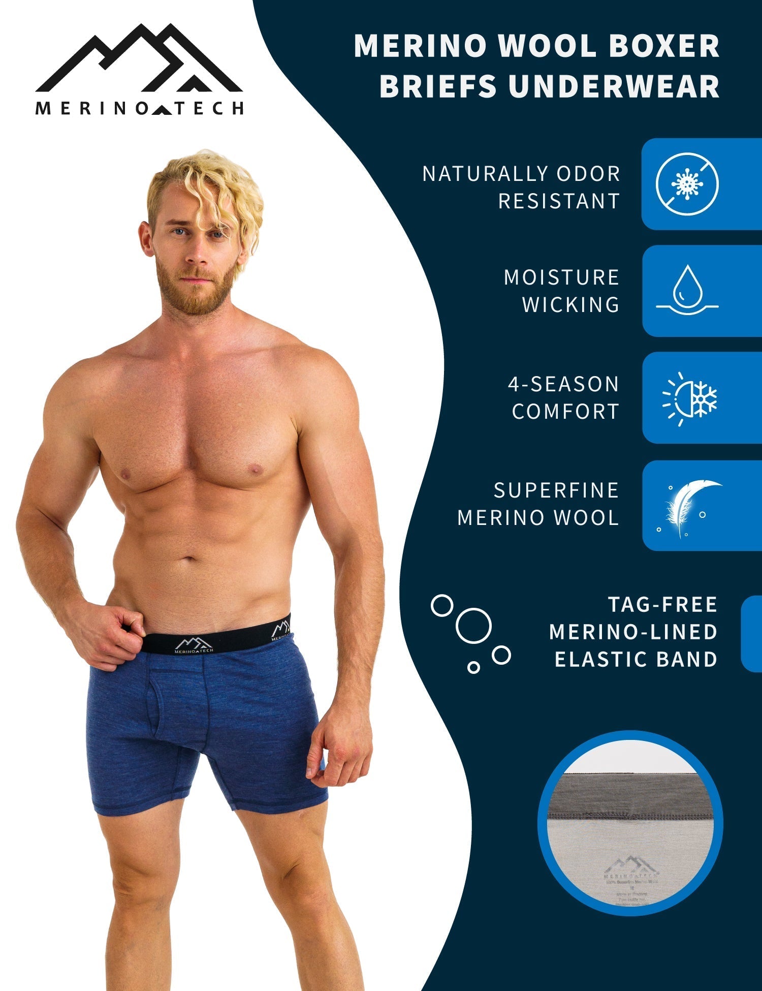 Premium Men's Merino Wool Boxer Briefs - 170g Soft & Breathable Underwear for All-Day Comfort - Windsor Blue - Ideal for Travel, Hiking & Everyday Wear
