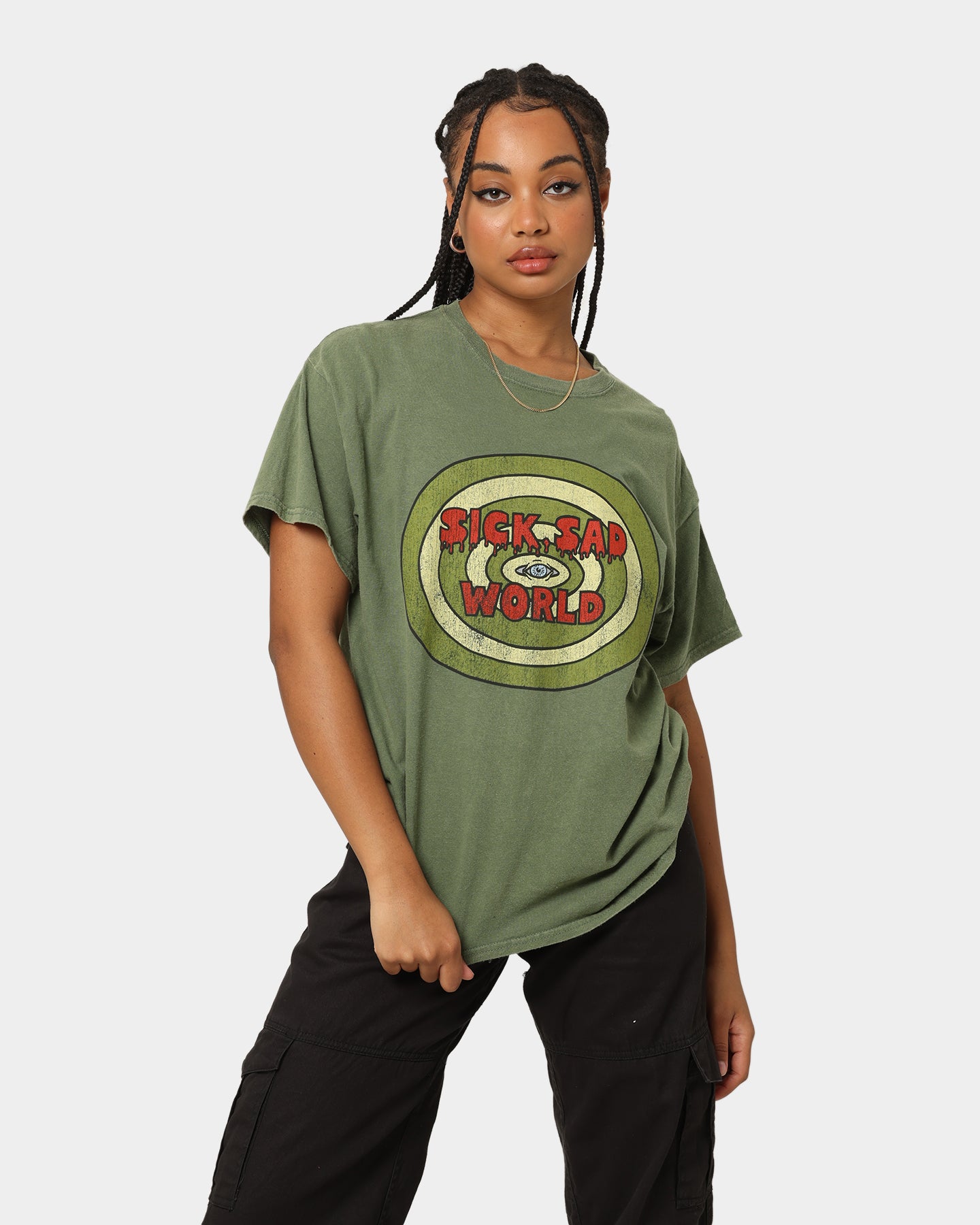 American Thrift X Daria Sick Sad World Graphic T-Shirt - Vintage Military Green Tee for Casual Wear, Street Style & 90s Nostalgia Fashion