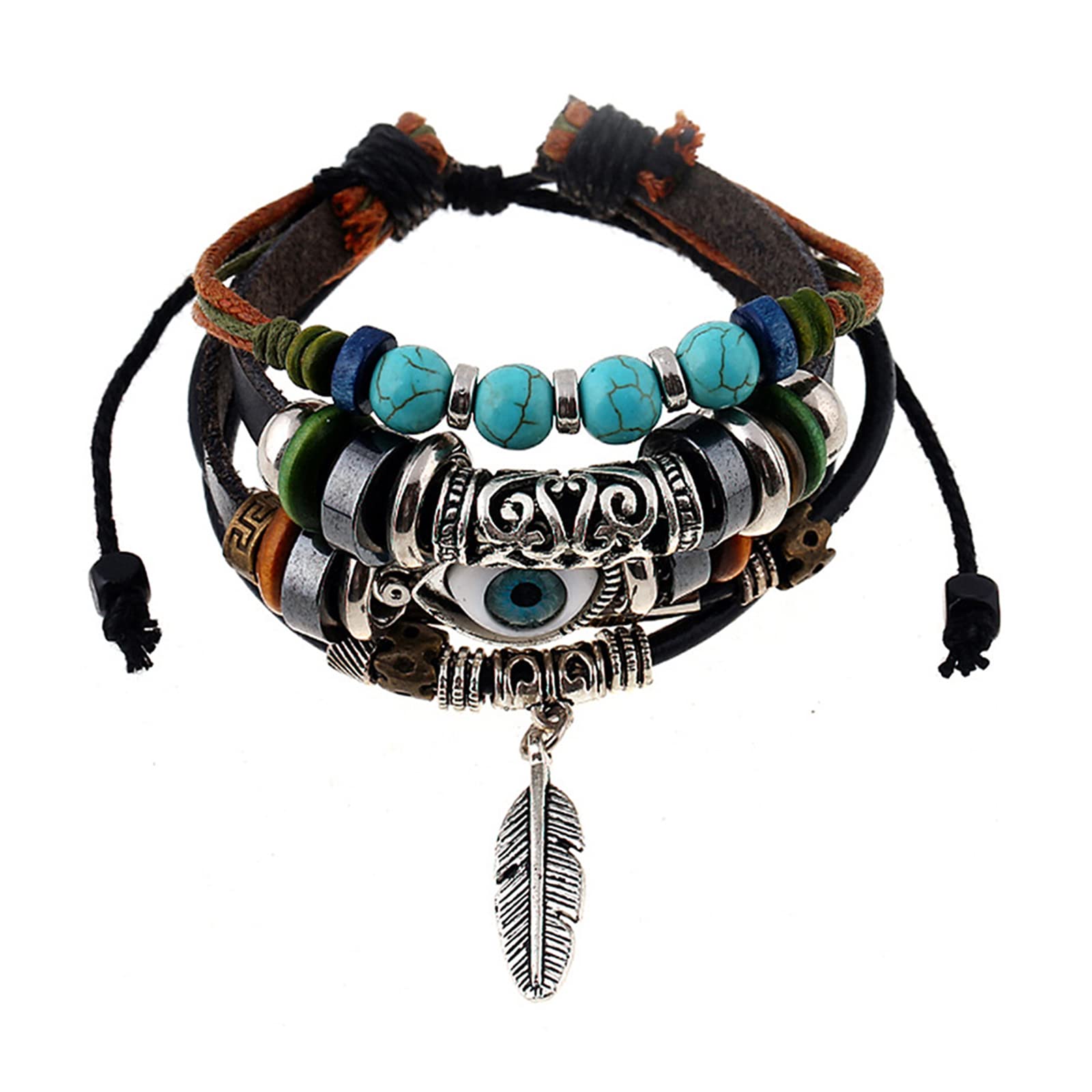 Evil Eye Bracelet for Men & Women - Adjustable Hand-Woven Blue Eye Beaded Bracelet with Alloy Feather & Turquoise Multi-Layer Cowhide Leather - Perfect for Protection, Gifts & Boho Fashion Accessories