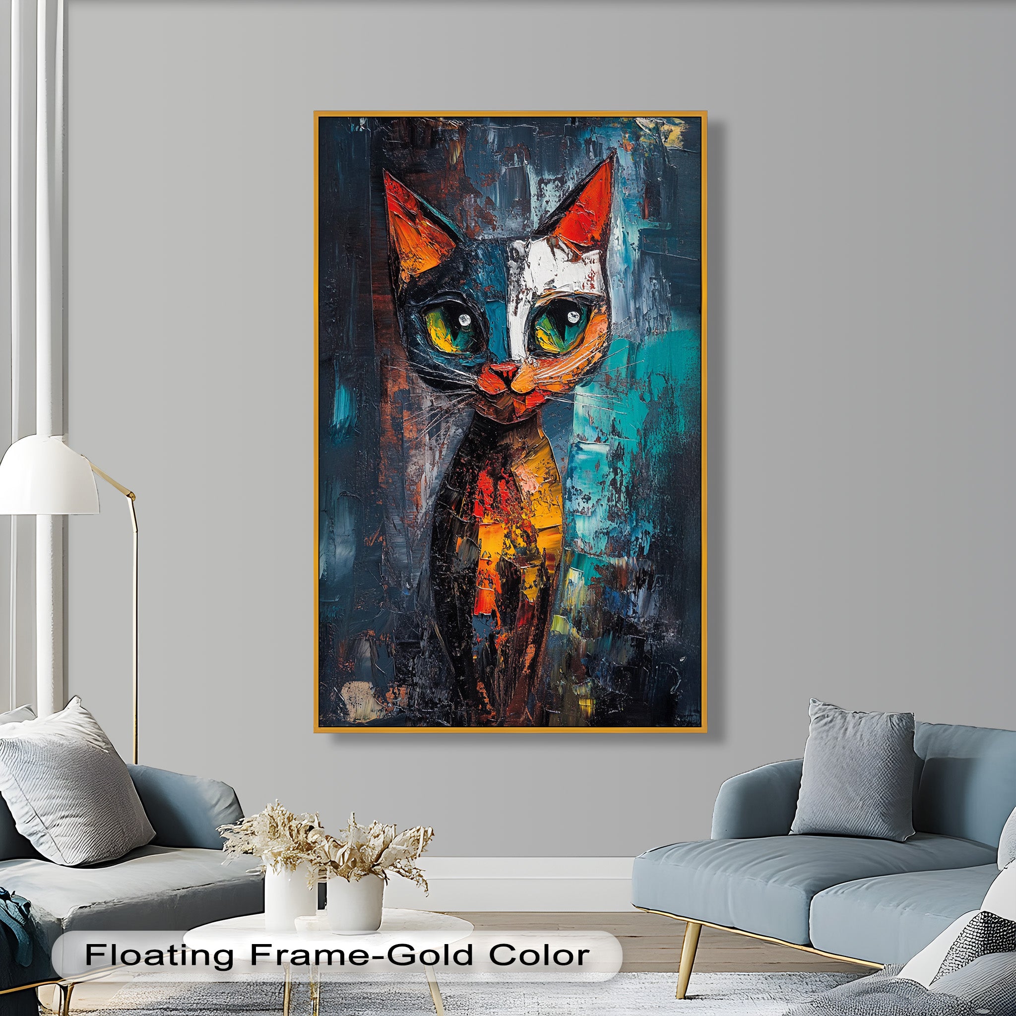 Abstract Cat Portrait with Neon Hues - Vibrant Animal Oil Painting Wall Art for Living Room, Bedroom & Office Decor