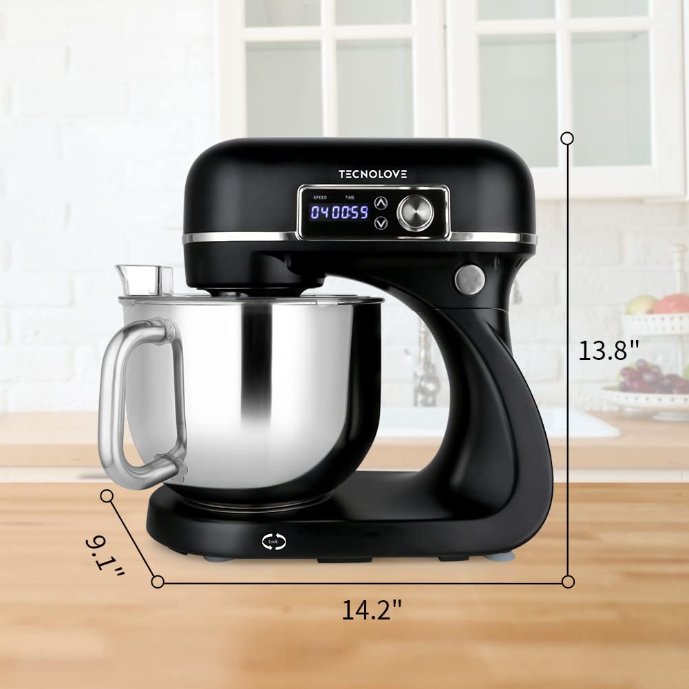 **6.3 Quart Stand Mixer with 300W DC Motor - 12 Speeds, Planetary Action, Digital Timer & Stainless Steel Bowl - Includes Dough Hook, Flat Beater, Whisk & Splash Guard (Black) - Perfect for Baking Bread, Cakes, Cookies & More**