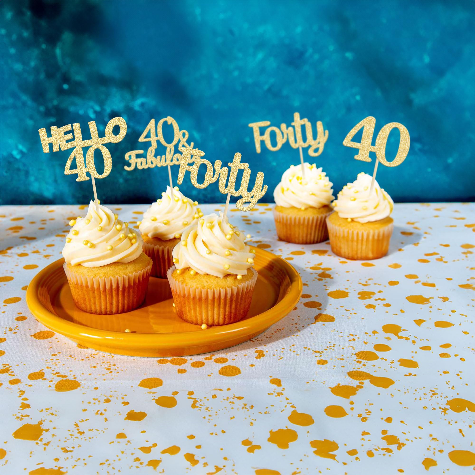 24Pcs Gold Glitter 40th Birthday Cupcake Toppers - Hello 40 Forty Cake Decorations & Fabulous Cupcake Picks for 40th Birthday Party Supplies | Perfect for Anniversary Celebrations, Milestone Birthdays, and Festive Dessert Decorations