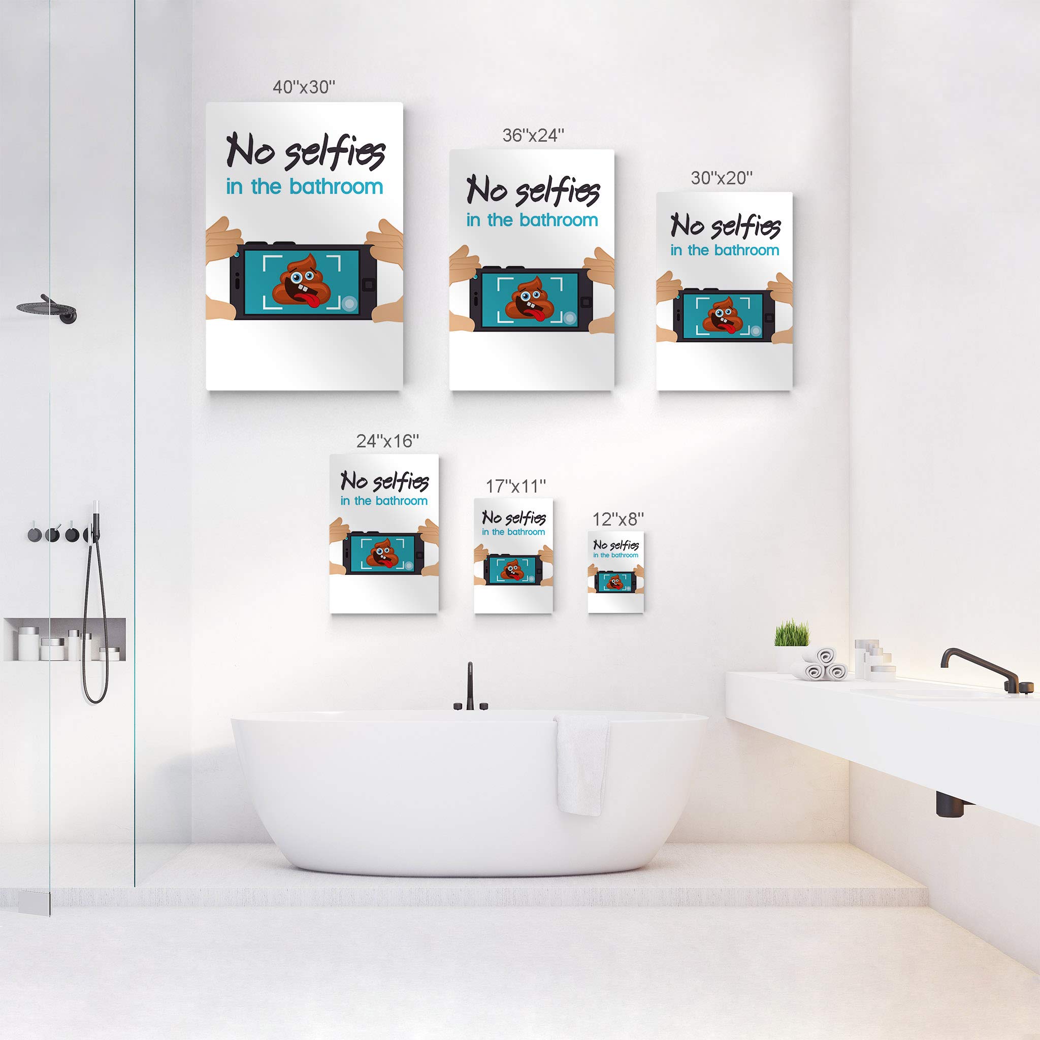 Smile Art Design 'No Selfies in the Bathroom' Funny Quote Metal Print - 30x20 Inch Ready to Hang Bathroom Wall Decor, Toilet Humor Sign, Home Wall Art Made in USA | Perfect for Powder Rooms, Guest Baths & Apartment Decor