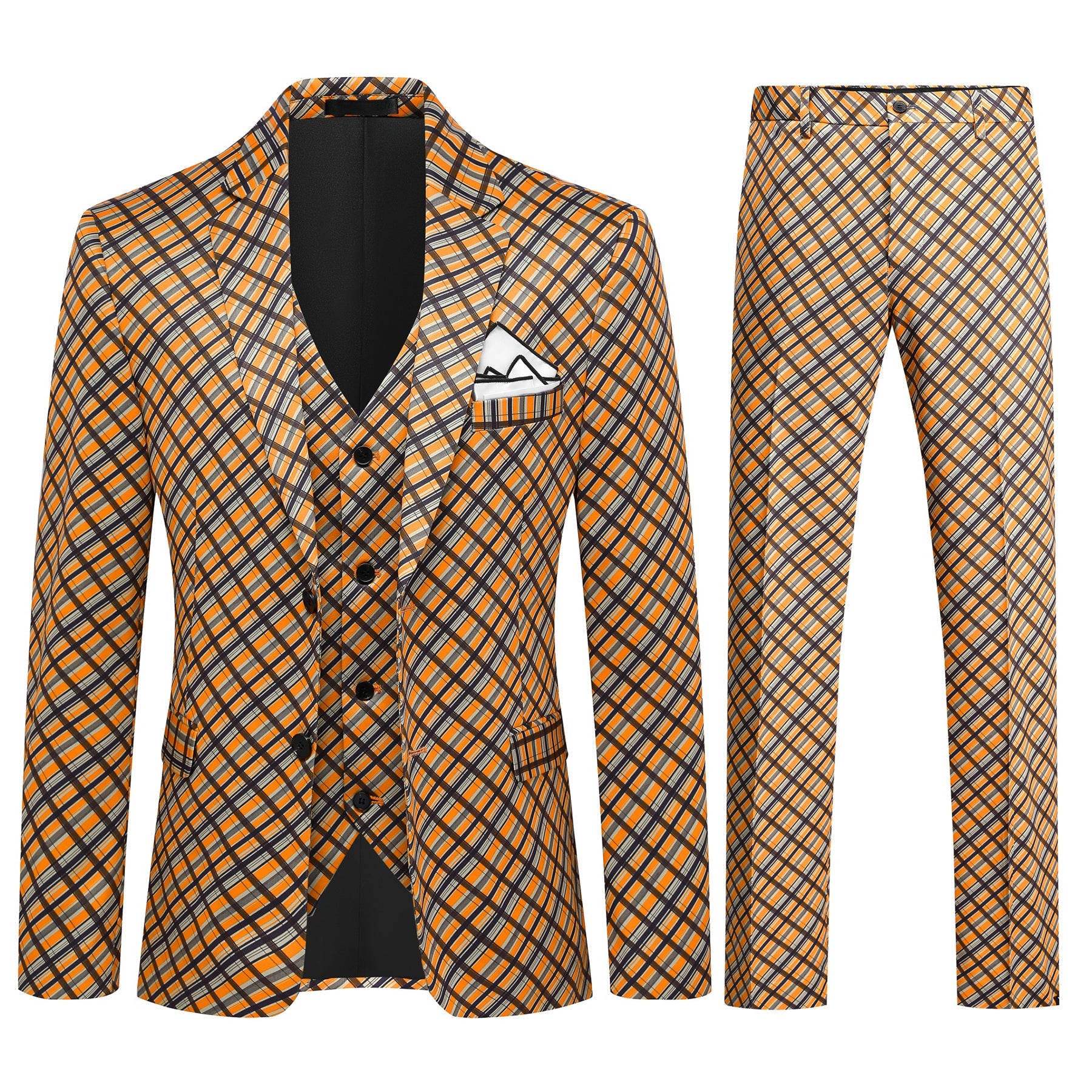3 Piece Men's Two Button Plaid Notch Lapel Double Vented Suit - Yellow | Formal Business Attire, Wedding & Special Occasion Outfit