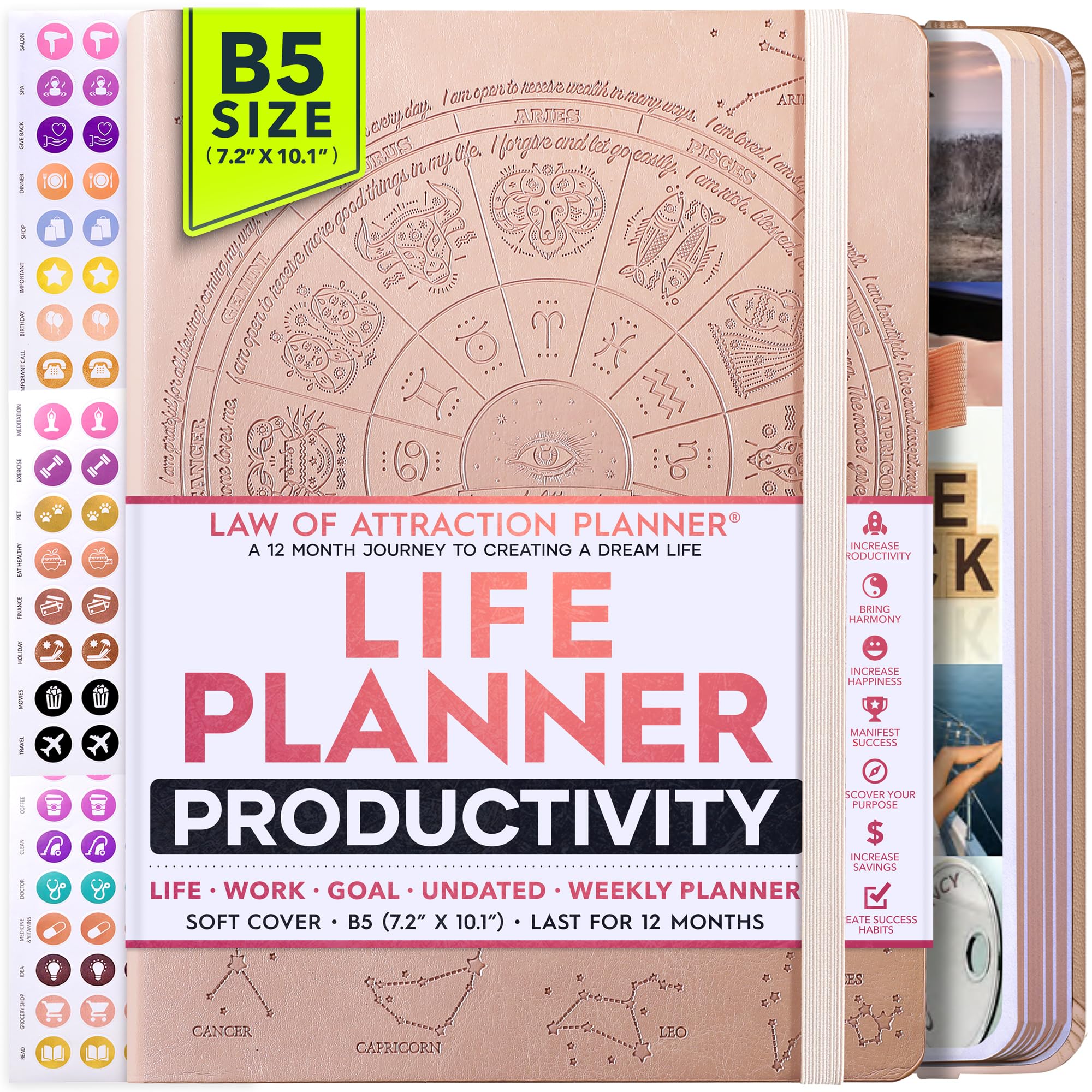 Law of Attraction Planner 2025 – Undated Productivity Planner with Hourly, Weekly & Monthly Goal Tracking | 12-Month Life Organizer, Gratitude Journal | Includes Vision Board, Gift Box & Stickers | Perfect for Manifestation, Self-Care & Personal Growth