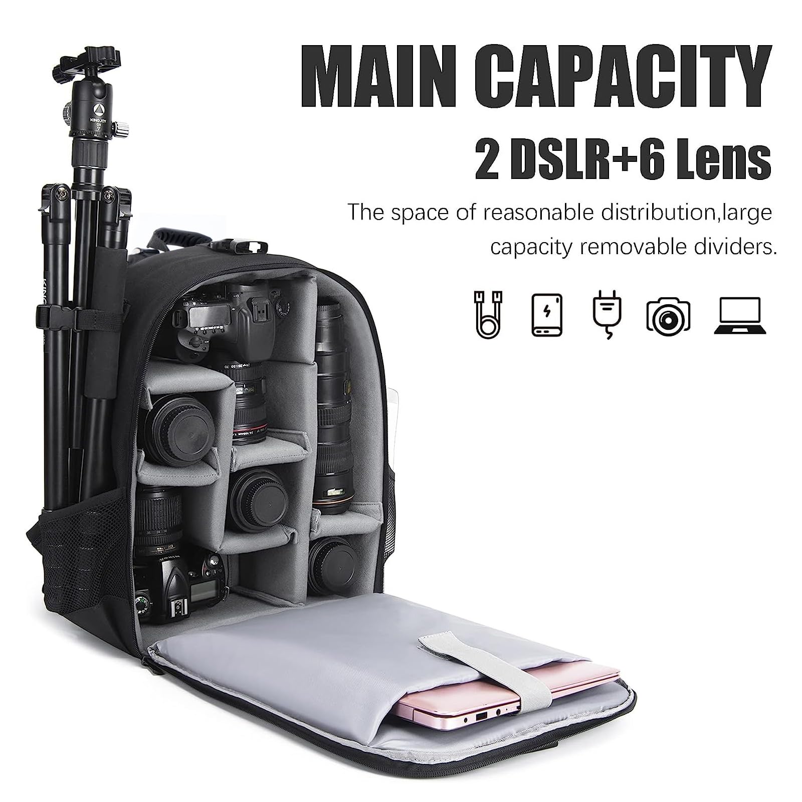 Professional Waterproof DSLR/SLR Mirrorless Camera Backpack - Compatible with Sony Canon Nikon Cameras & Lenses, Holds Tripod & Accessories (Large 5.0 Black) - Perfect for Travel, Hiking & Outdoor Photography