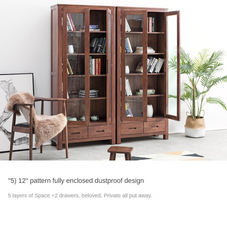 Oak Solid Wood Nordic Bookcase with Glass Door - Modern Bookshelf for Living Room, Office & Study - Perfect for Home Decor & Storage
