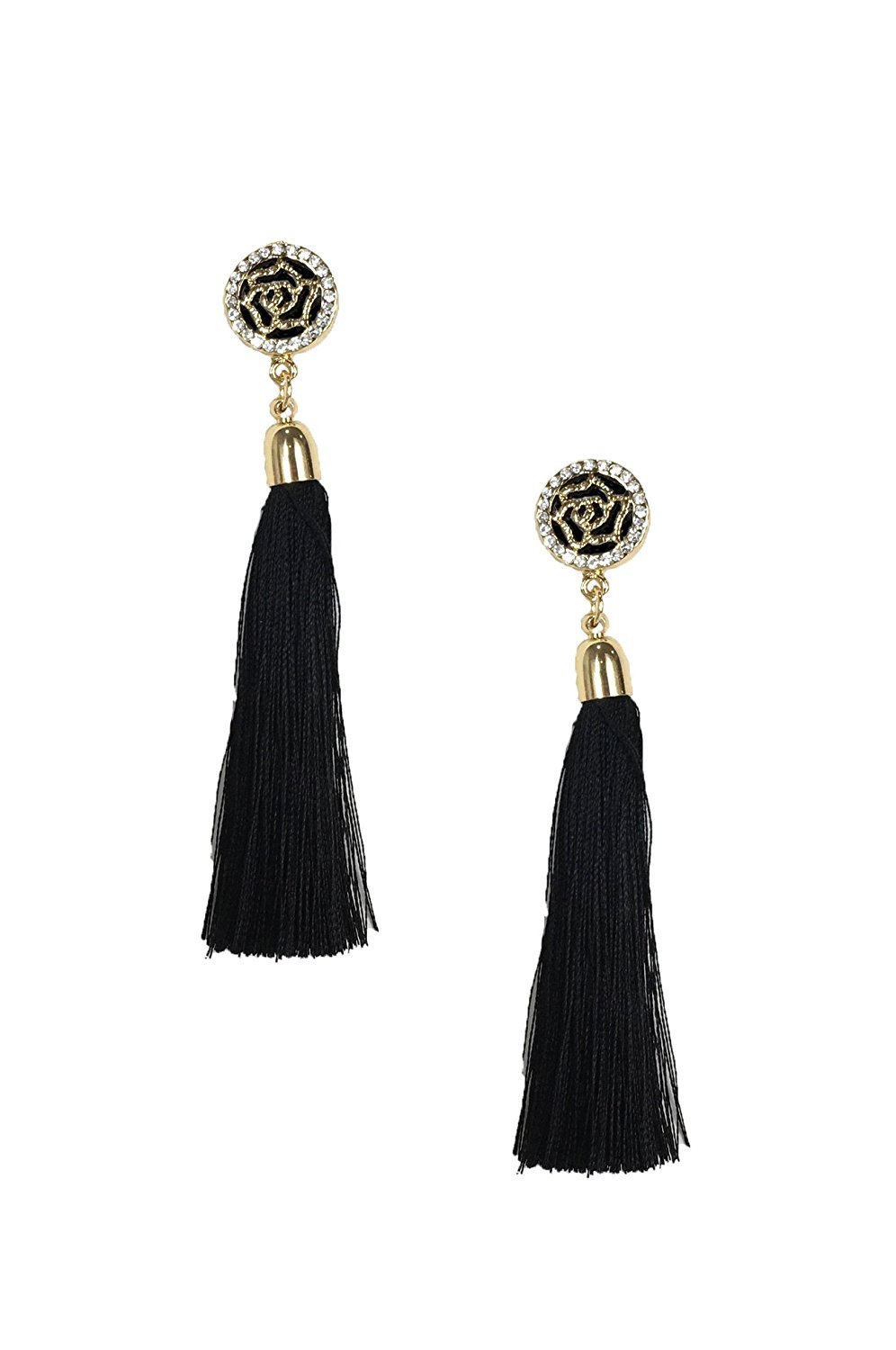 Deco Rose Long Tassel Earrings - Black for Party & Evening Wear