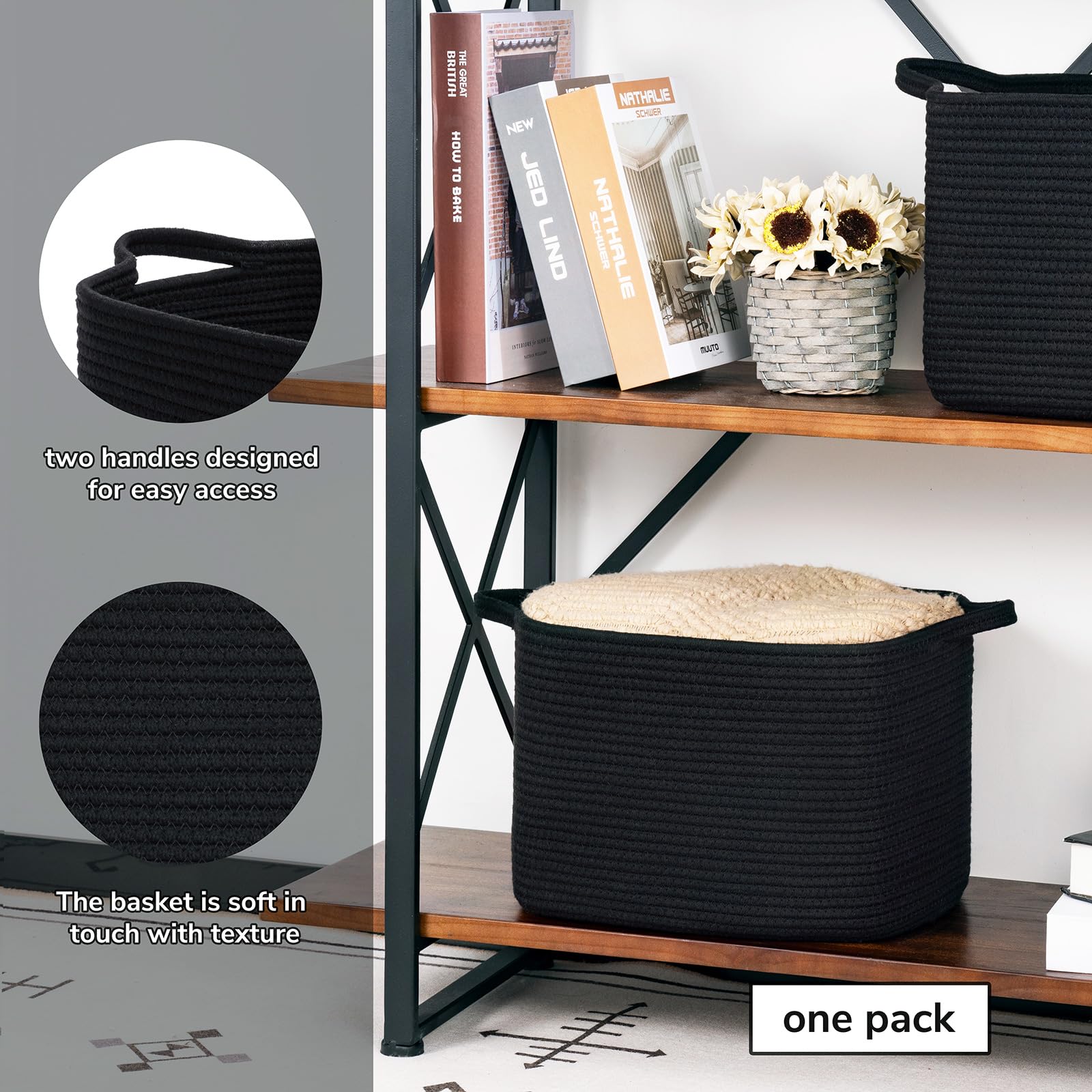 INDRESSME Square Storage Basket for Shelves - Cotton Rope Woven Organizer for Books, Toys, Towels - 13 x 9.8 x 8.9 Inches - Black - Perfect for Home, Office, Nursery & Bathroom Organization