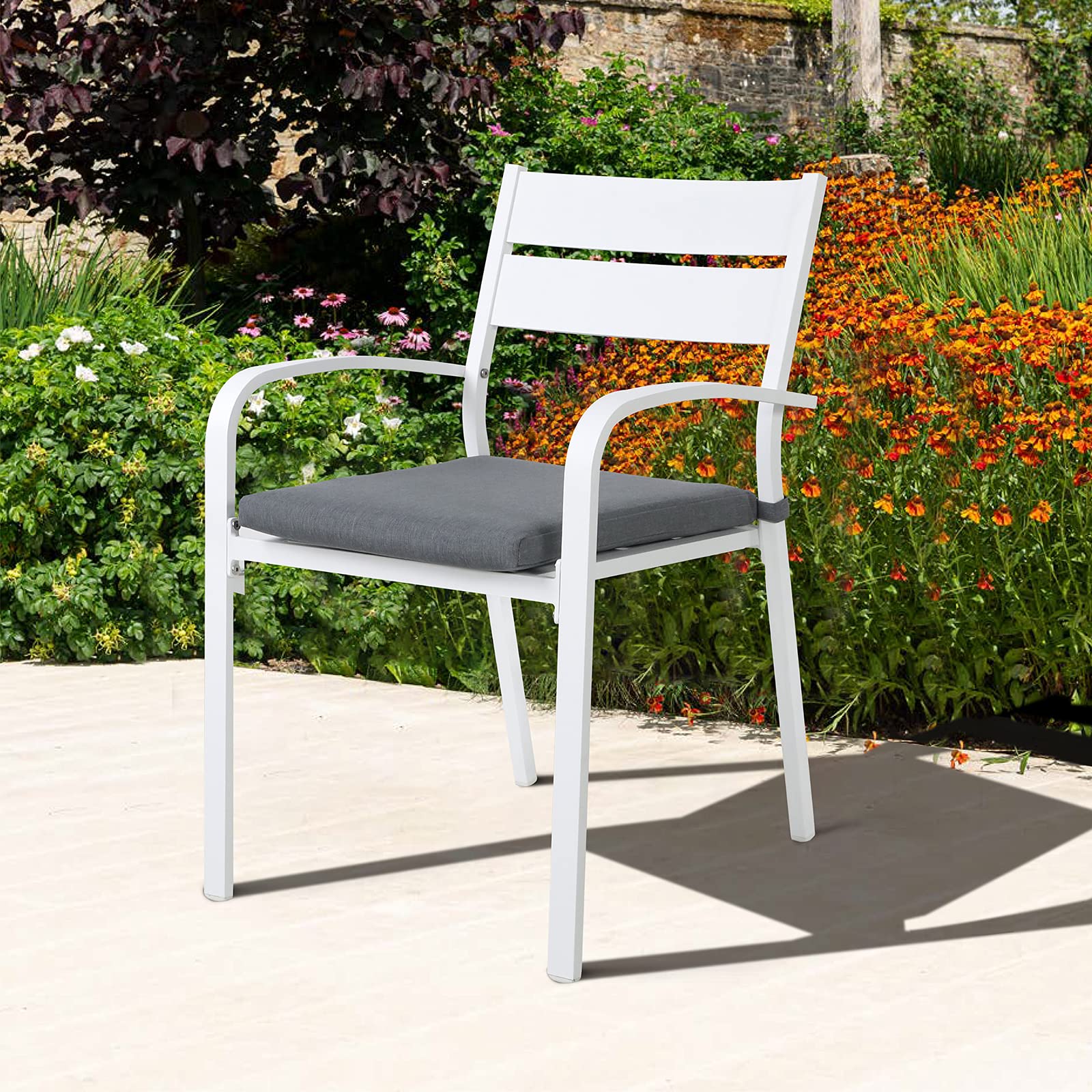 Outdoor Aluminum Stackable Bistro Dining Chairs Set of 4 with Cushions - White Patio Chairs with Gray Cushions for Garden, Balcony, Backyard & Poolside - Perfect for Outdoor Entertaining & Relaxation