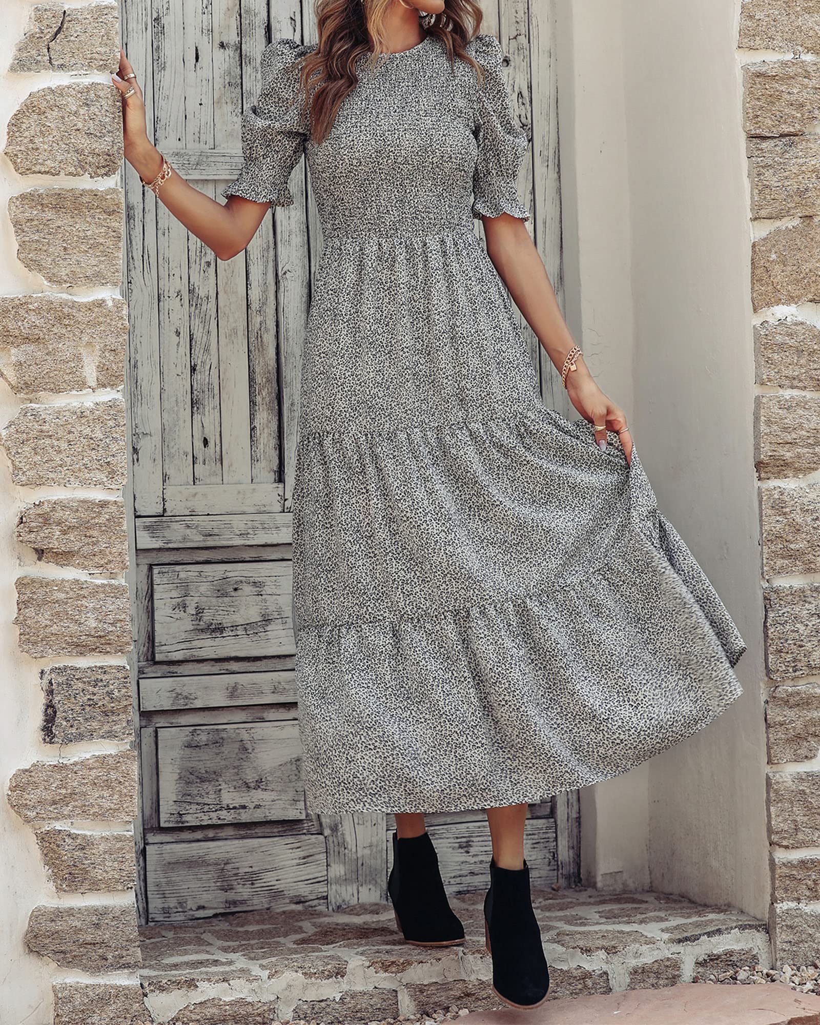 BTFBM Women's Floral Print Boho Maxi Dress - Crew Neck, Ruffle Short Sleeve, Smocked Waist, Flowy Summer Casual Dress for 2025 Spring | Perfect for Beach Vacations, Date Nights & Outdoor Festivals