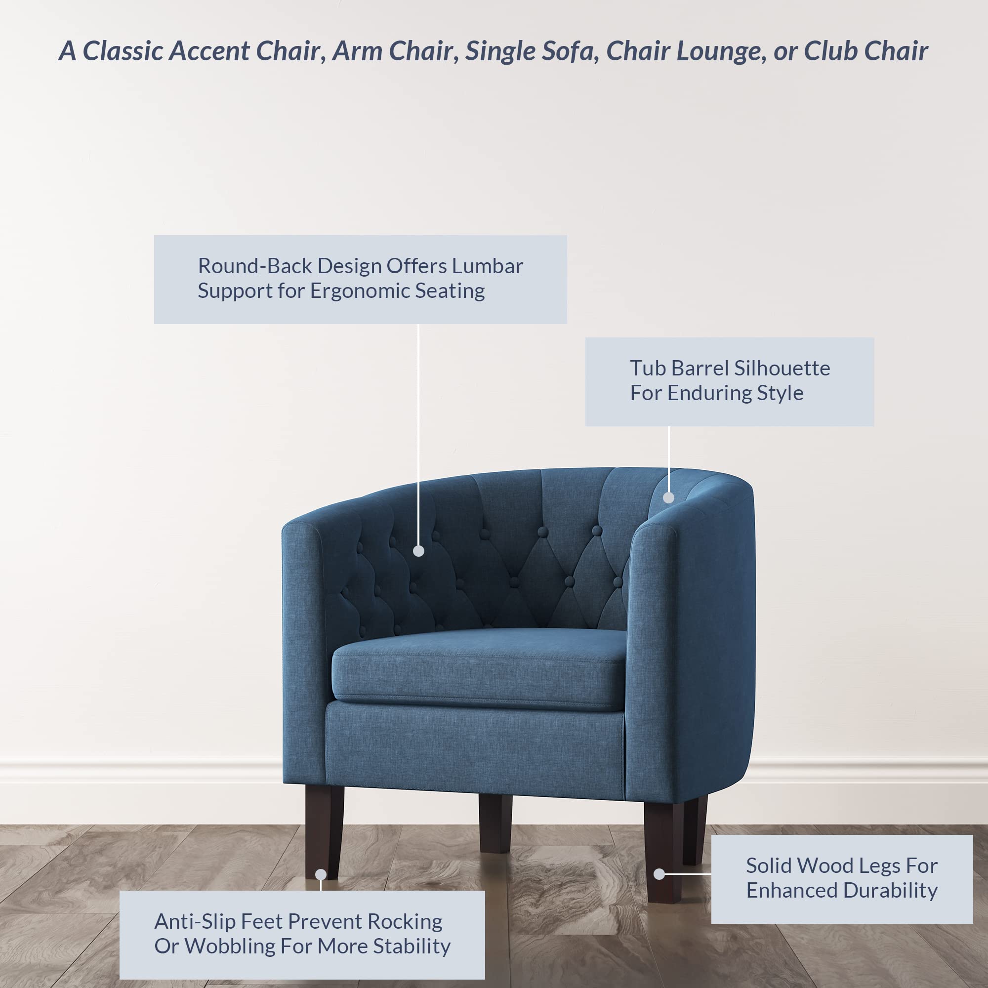 BELLEZE Navy Blue Accent Chair - Elegant Tufted Upholstered Barrel Club Chair with Sturdy Legs & Linen Fabric for Living Room & Bedroom | Perfect for Reading Nooks, Home Office & Lounge Areas (Berlinda Collection)