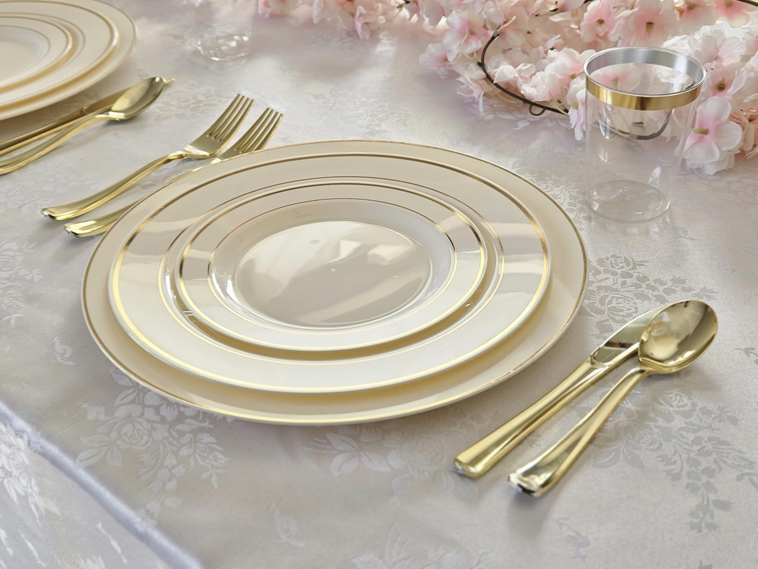 40-Pack Heavyweight Disposable Plastic Plates for Weddings & Parties - 7.5'' Ivory Appetizer/Dessert Plates with Elegant Gold Rim | Perfect for Bridal Showers, Birthday Celebrations & Formal Events