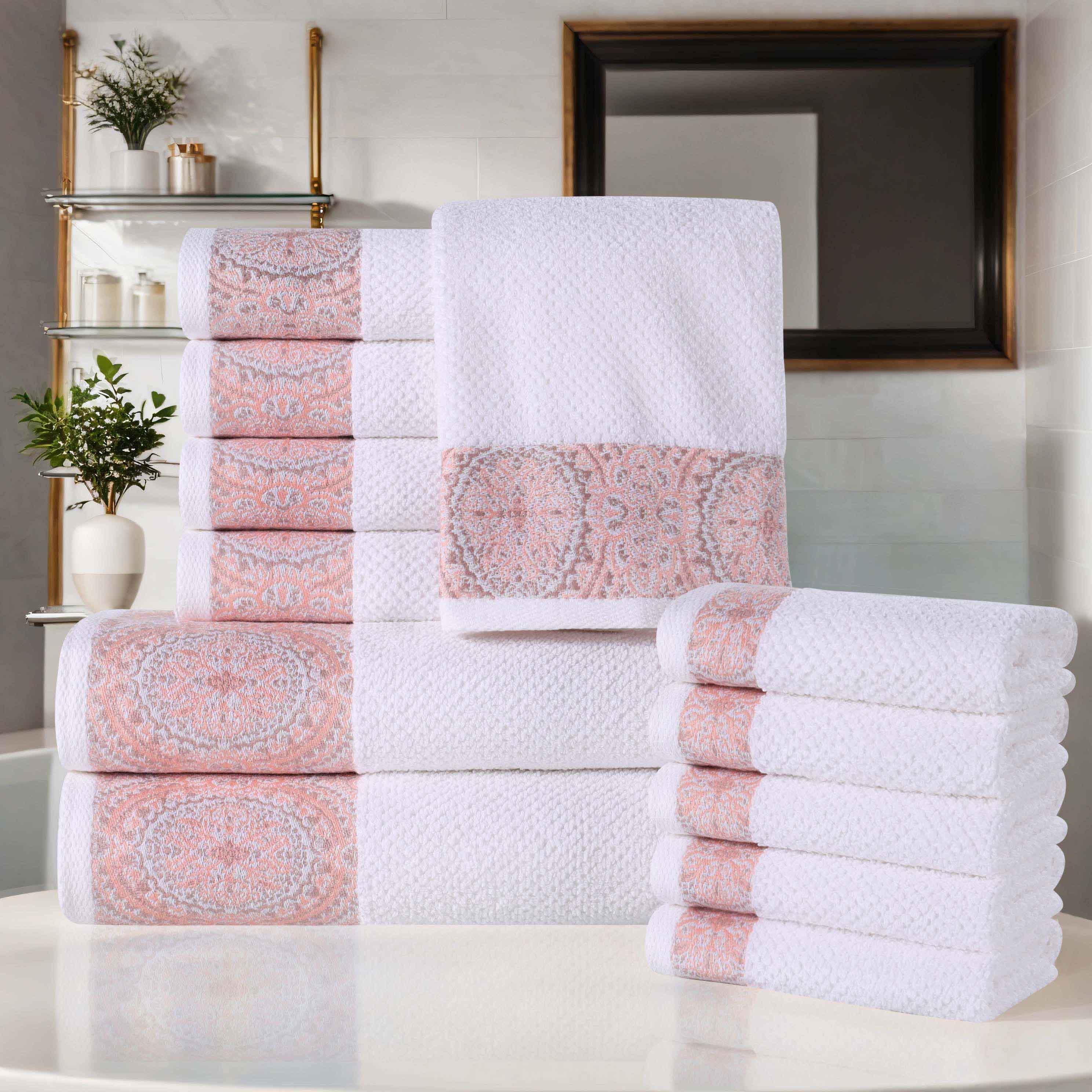 Premium Medallion Cotton Jacquard Textured 12-Piece Towel Set - Soft, Absorbent & Luxurious for Bathroom, Spa & Guest Use