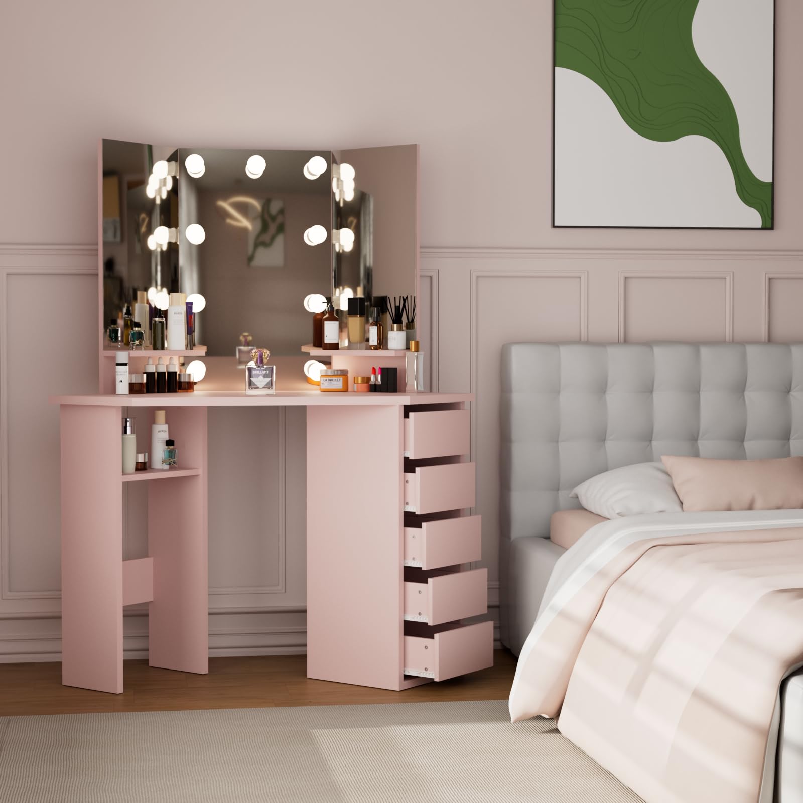 Likein Corner Vanity Desk with Drawers & LED Mirror - Small Pink Makeup Table with Lights for Women & Girls | Perfect for Bedroom, Dorm Room & Apartment Beauty Space